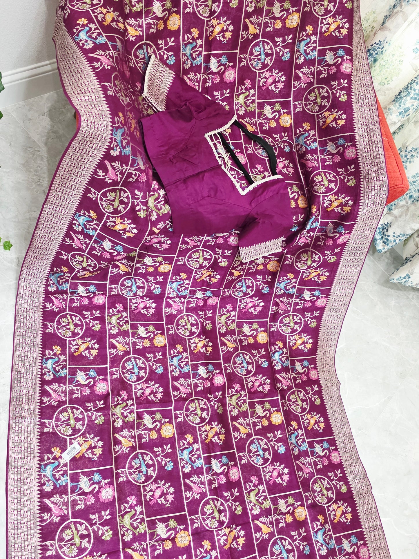 Royal Plum Multicolor Floral Chanderi Linen Tussar Blended Benarasi Saree with Stitched Blouse