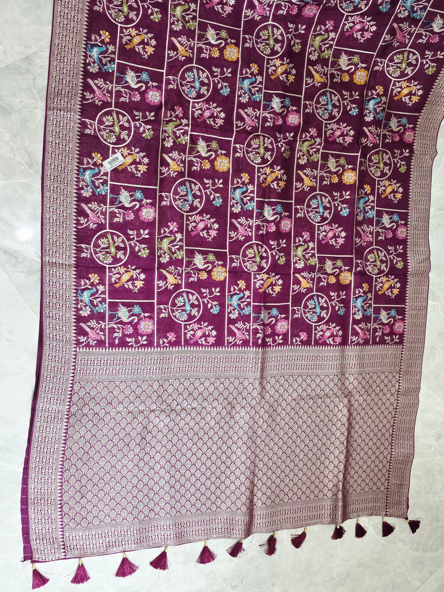 Royal Plum Multicolor Floral Chanderi Linen Tussar Blended Benarasi Saree with Stitched Blouse