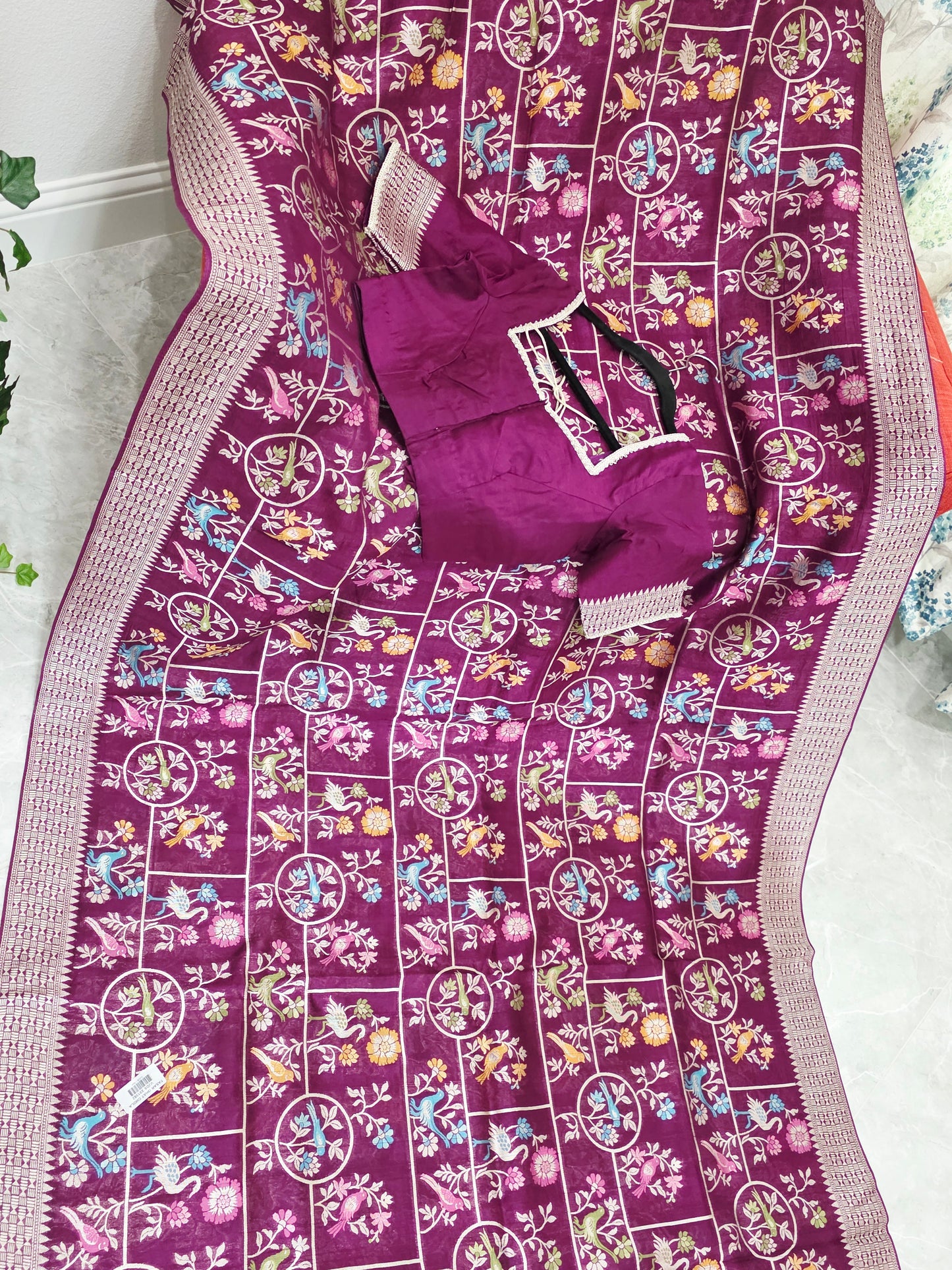 Royal Plum Multicolor Floral Chanderi Linen Tussar Blended Benarasi Saree with Stitched Blouse
