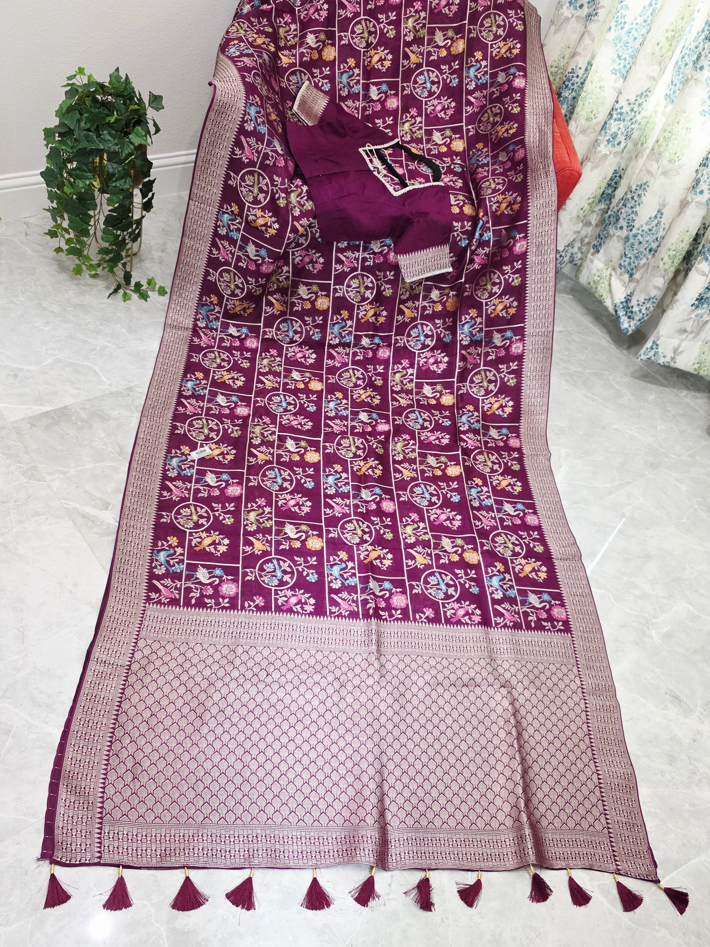 Royal Plum Multicolor Floral Chanderi Linen Tussar Blended Benarasi Saree with Stitched Blouse