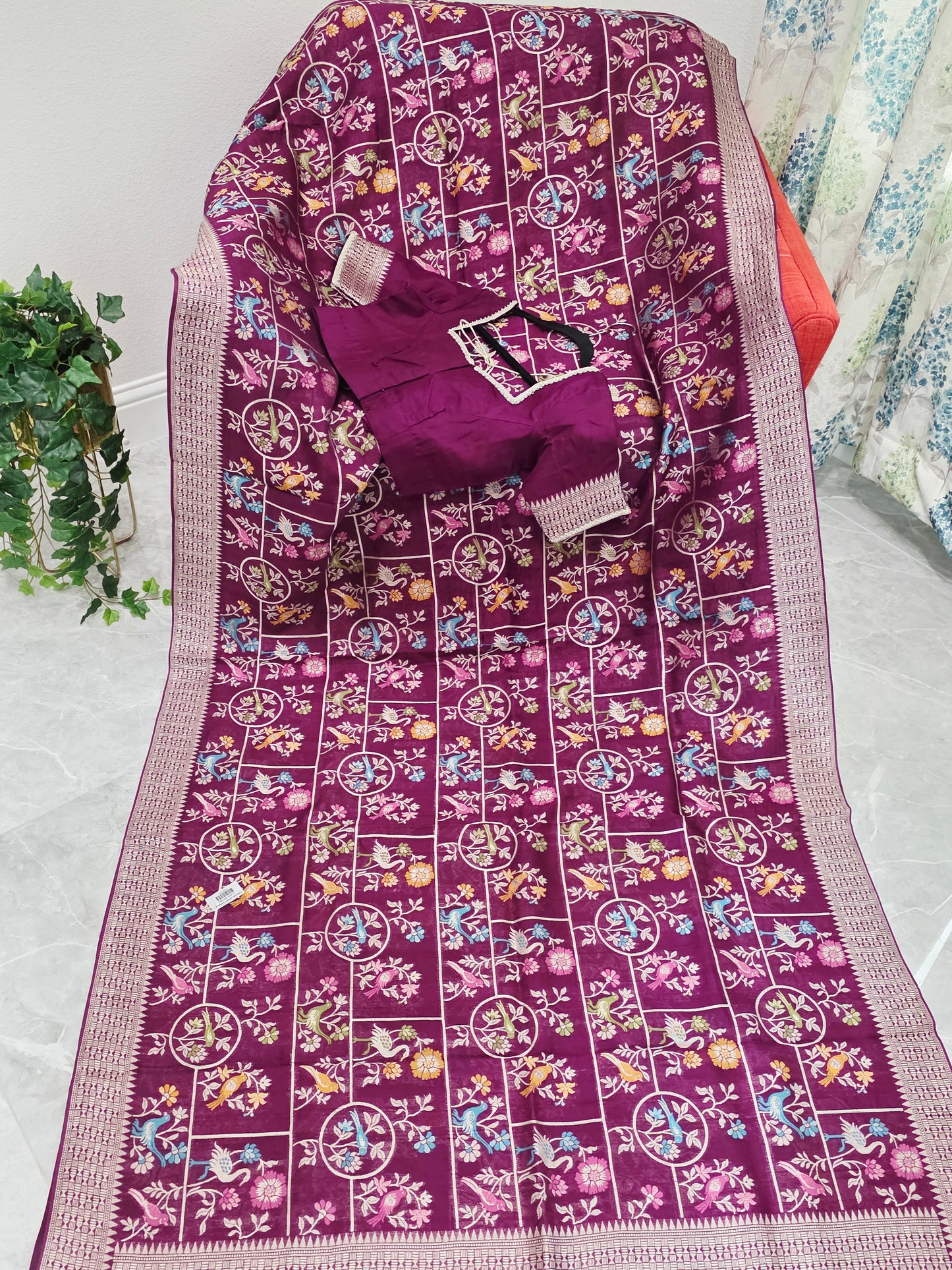 Royal Plum Multicolor Floral Chanderi Linen Tussar Blended Benarasi Saree with Stitched Blouse
