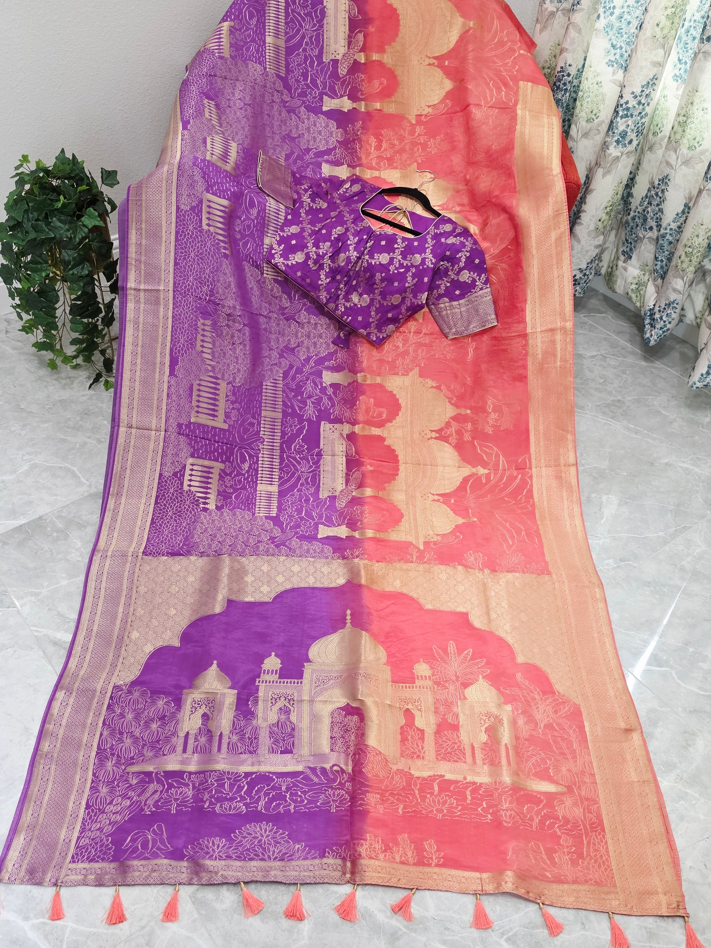 Orchid Violet & Peach Blush Taj Mahal Powerloom Woven Benarasi Silk Saree with Stitched Blouse