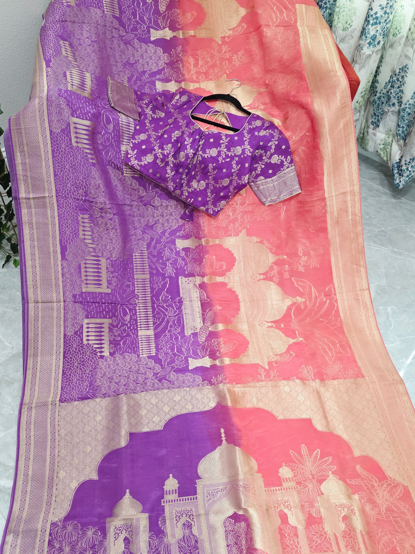 Orchid Violet & Peach Blush Taj Mahal Powerloom Woven Benarasi Silk Saree with Stitched Blouse