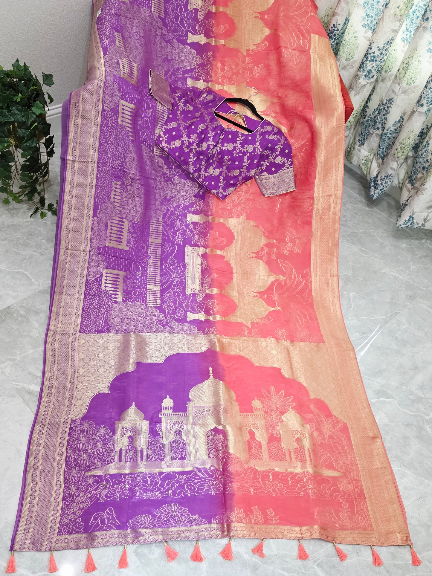 Orchid Violet & Peach Blush Taj Mahal Powerloom Woven Benarasi Silk Saree with Stitched Blouse