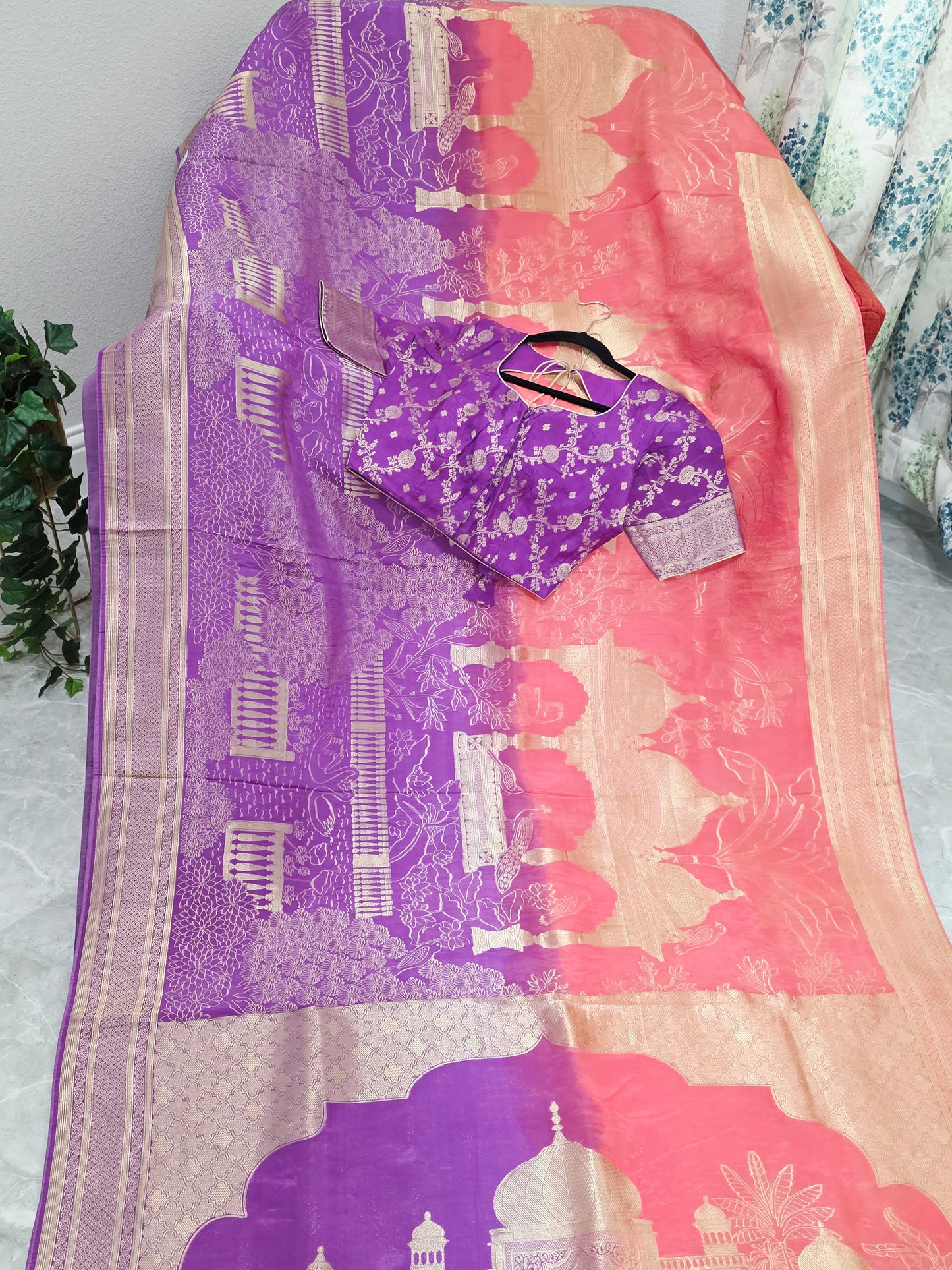 Orchid Violet & Peach Blush Taj Mahal Powerloom Woven Benarasi Silk Saree with Stitched Blouse