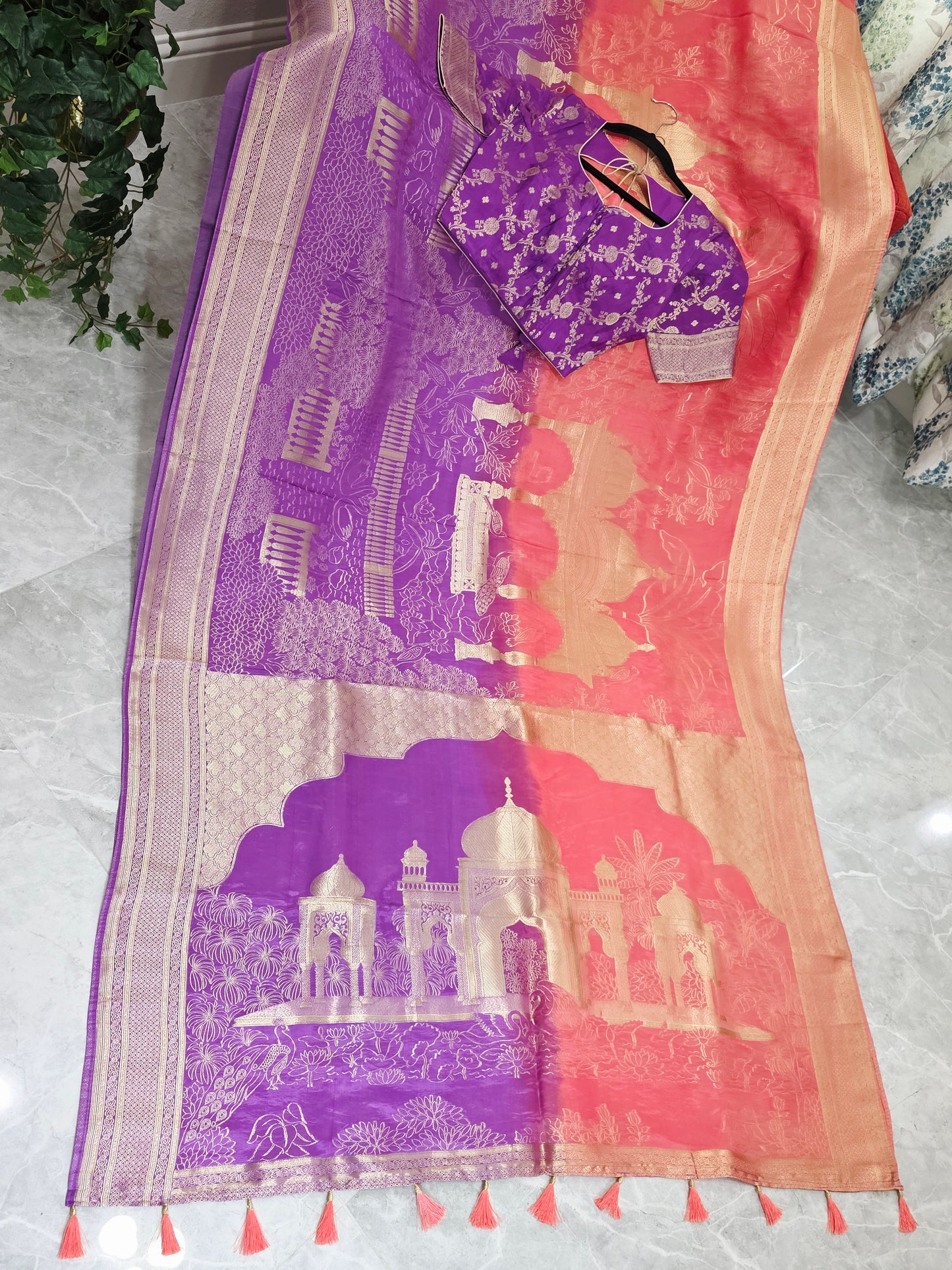 Orchid Violet & Peach Blush Taj Mahal Powerloom Woven Benarasi Silk Saree with Stitched Blouse