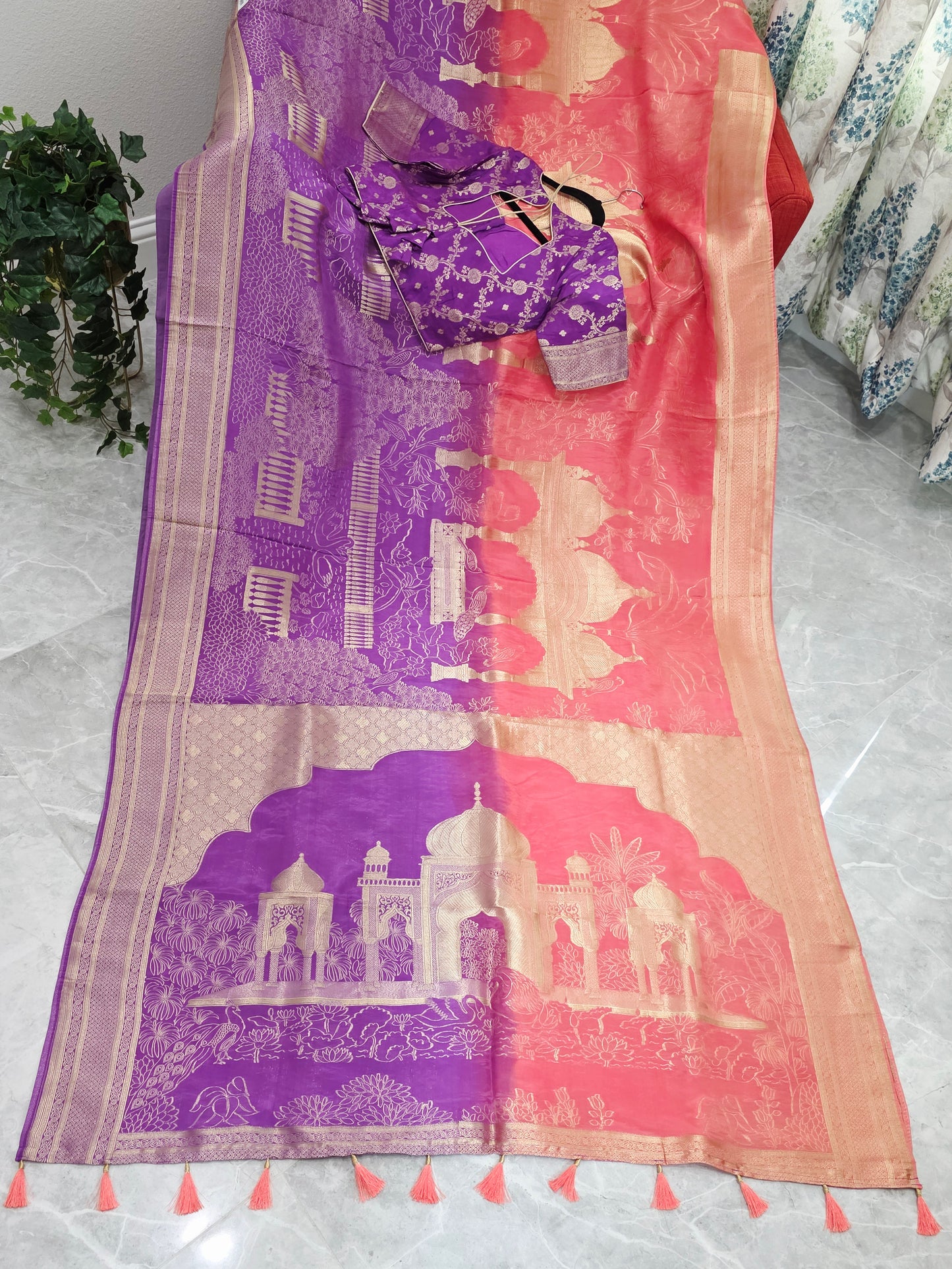 Orchid Violet & Peach Blush Taj Mahal Powerloom Woven Benarasi Silk Saree with Stitched Blouse