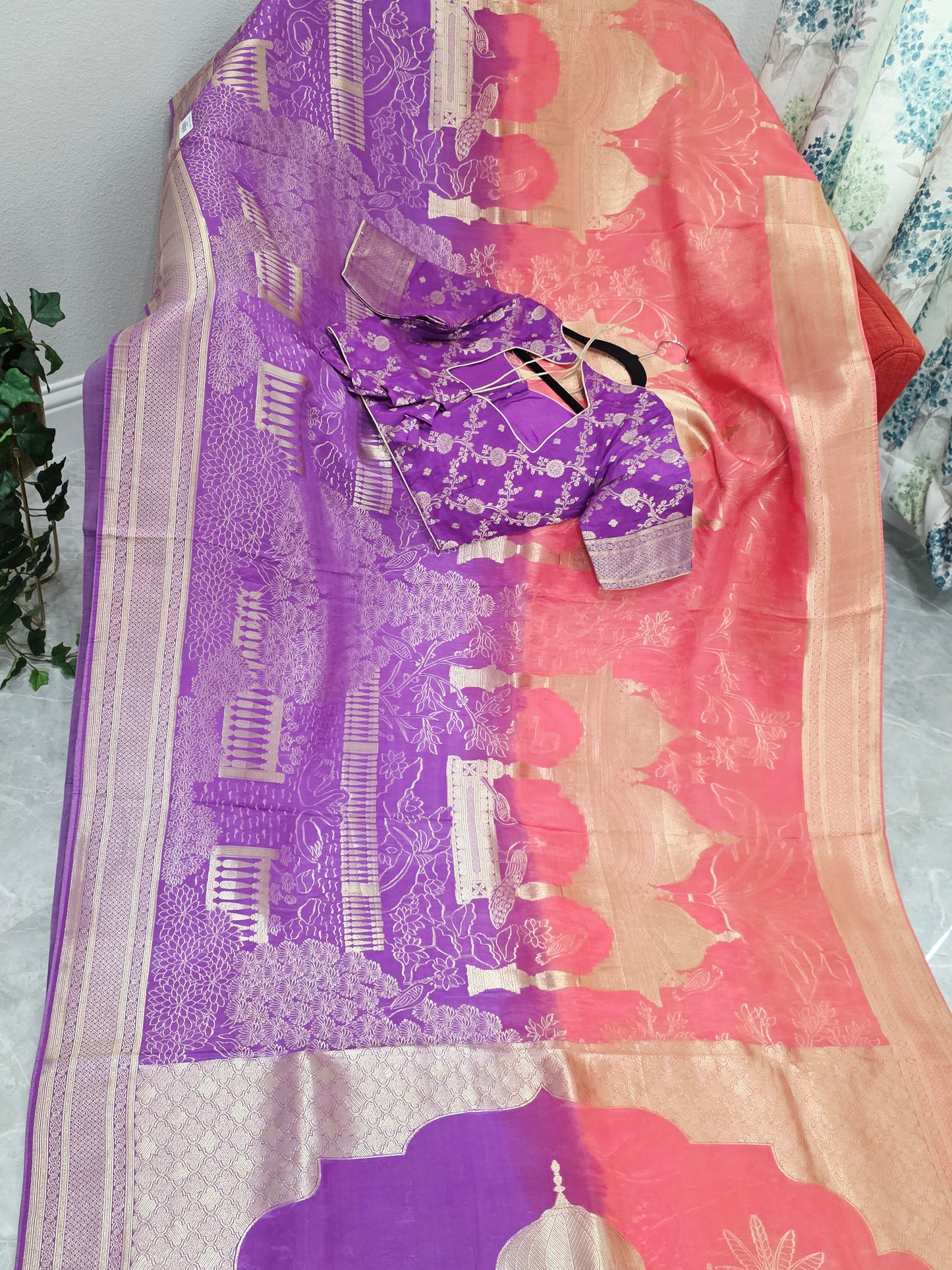 Orchid Violet & Peach Blush Taj Mahal Powerloom Woven Benarasi Silk Saree with Stitched Blouse
