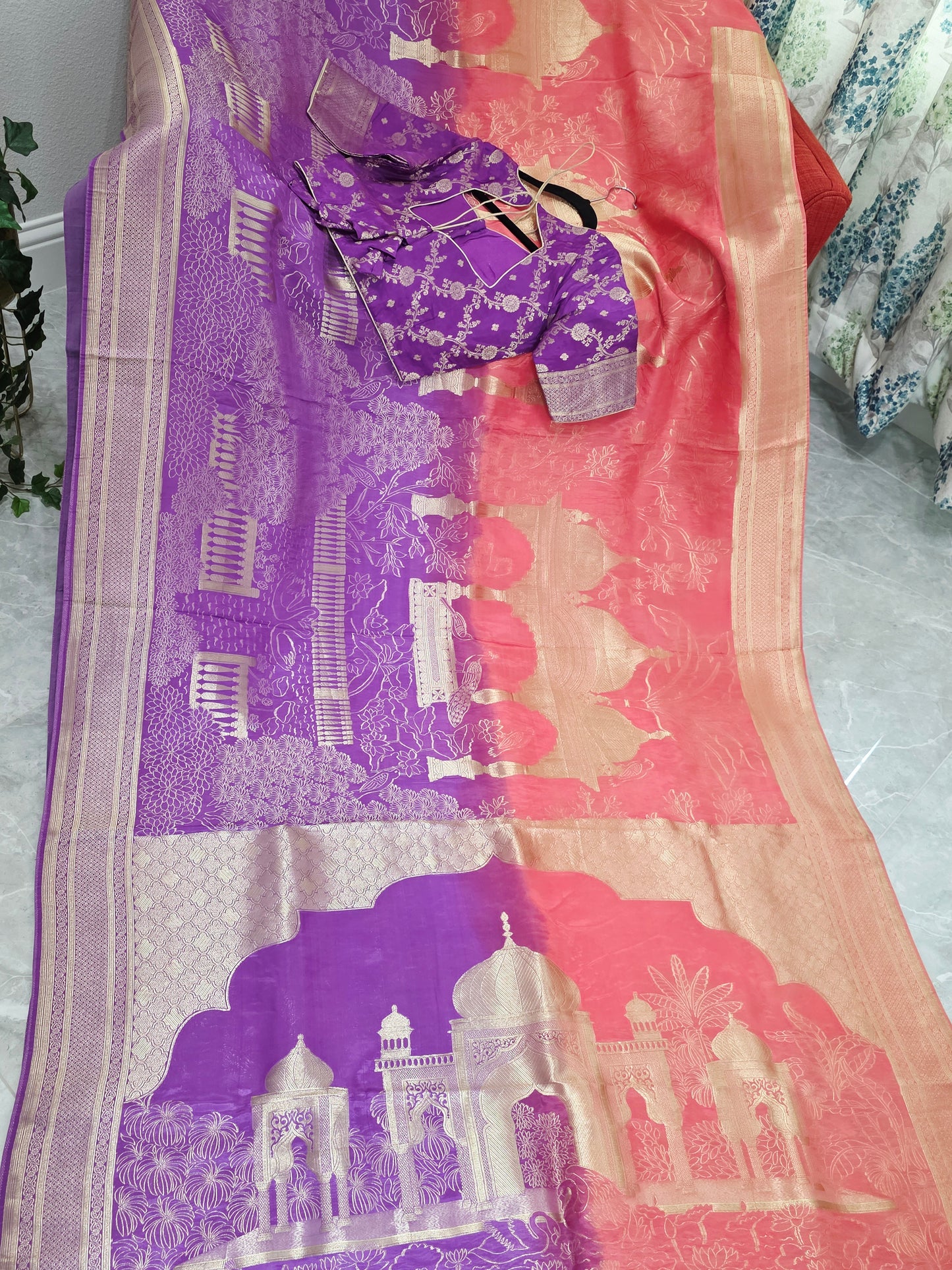 Orchid Violet & Peach Blush Taj Mahal Powerloom Woven Benarasi Silk Saree with Stitched Blouse