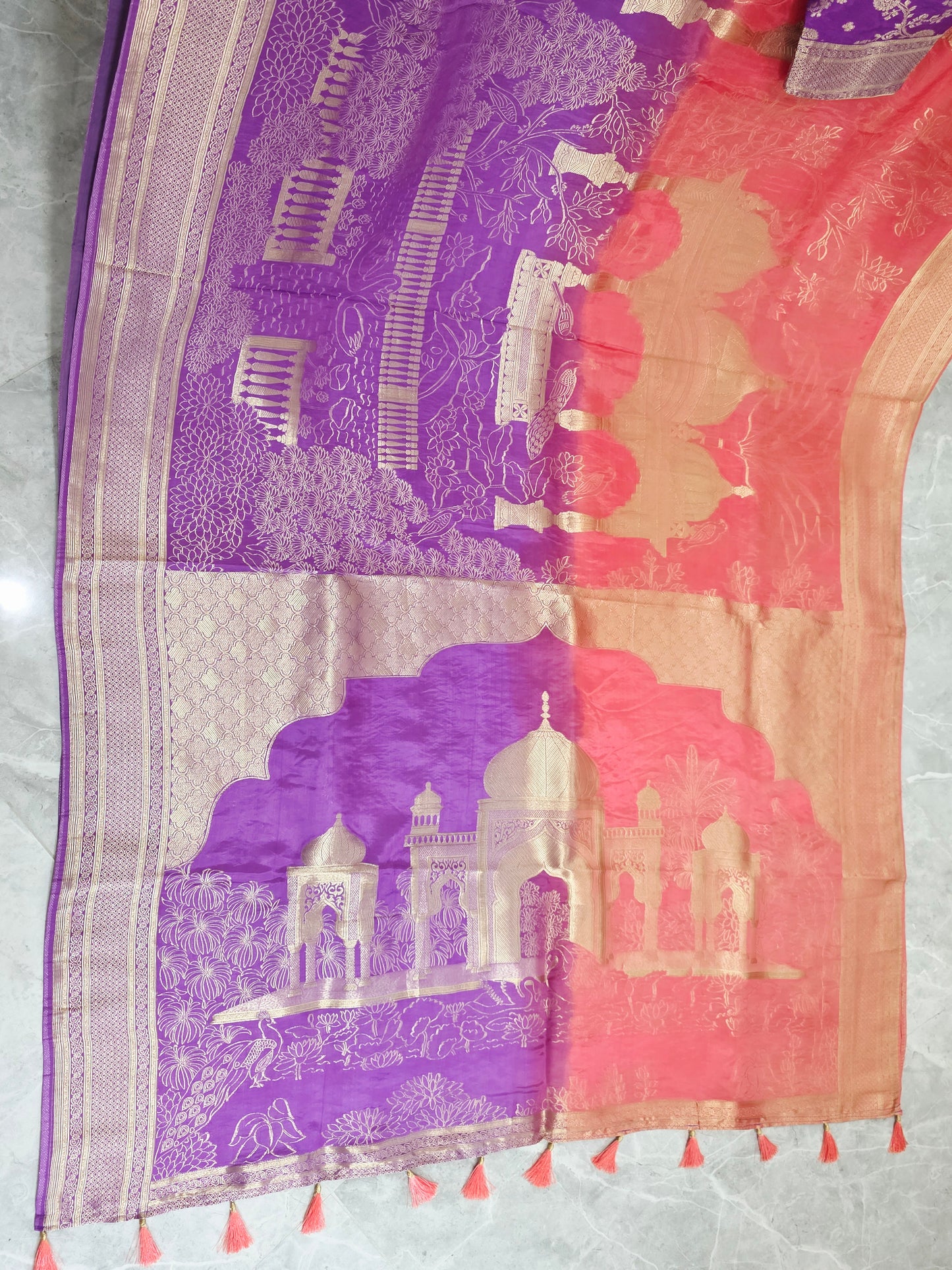 Orchid Violet & Peach Blush Taj Mahal Powerloom Woven Benarasi Silk Saree with Stitched Blouse