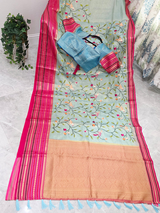 Mint Aqua & Rani Pink Soft Tissue Silk Saree with Bird Embroidery and Stitched Blouse