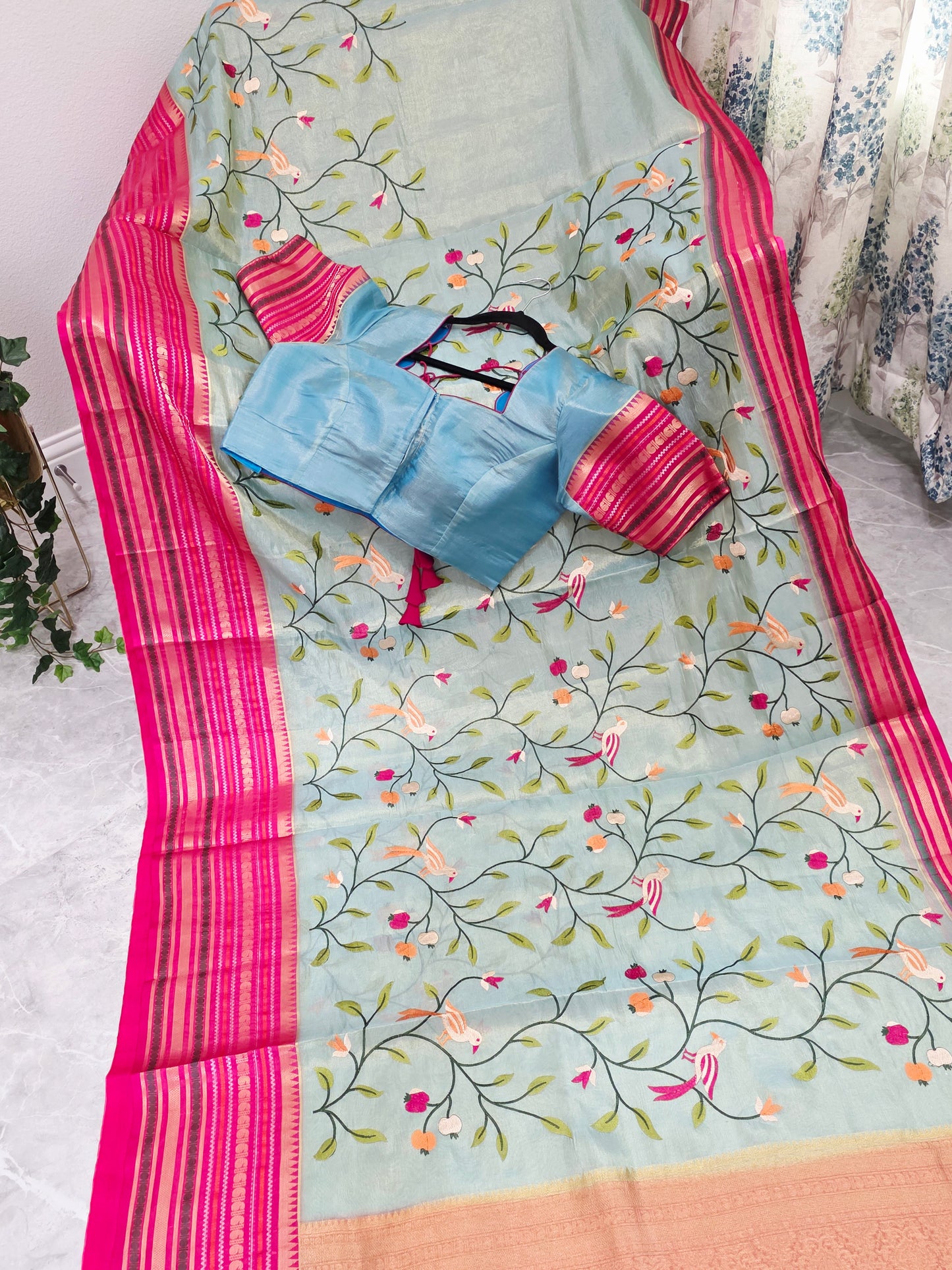 Mint Aqua & Rani Pink Soft Tissue Silk Saree with Bird Embroidery and Stitched Blouse