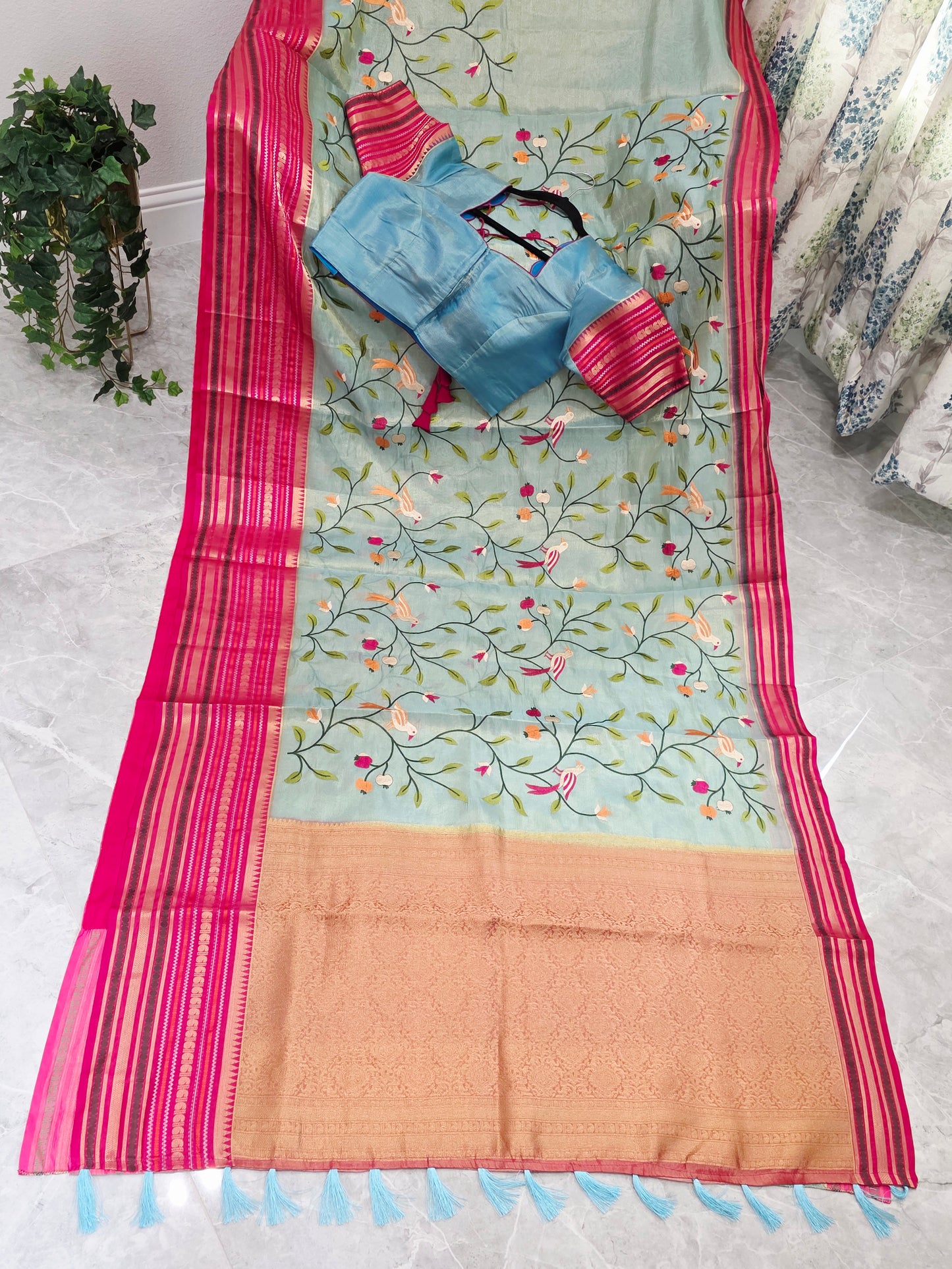 Mint Aqua & Rani Pink Soft Tissue Silk Saree with Bird Embroidery and Stitched Blouse