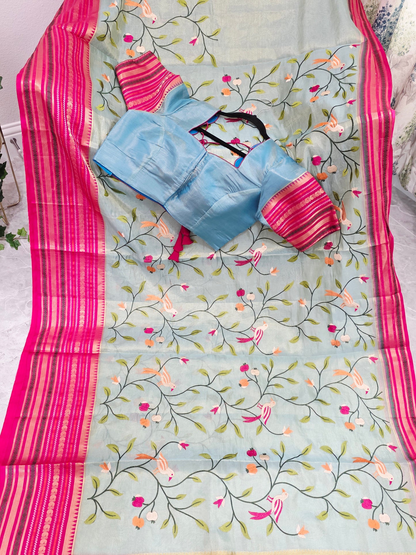 Mint Aqua & Rani Pink Soft Tissue Silk Saree with Bird Embroidery and Stitched Blouse
