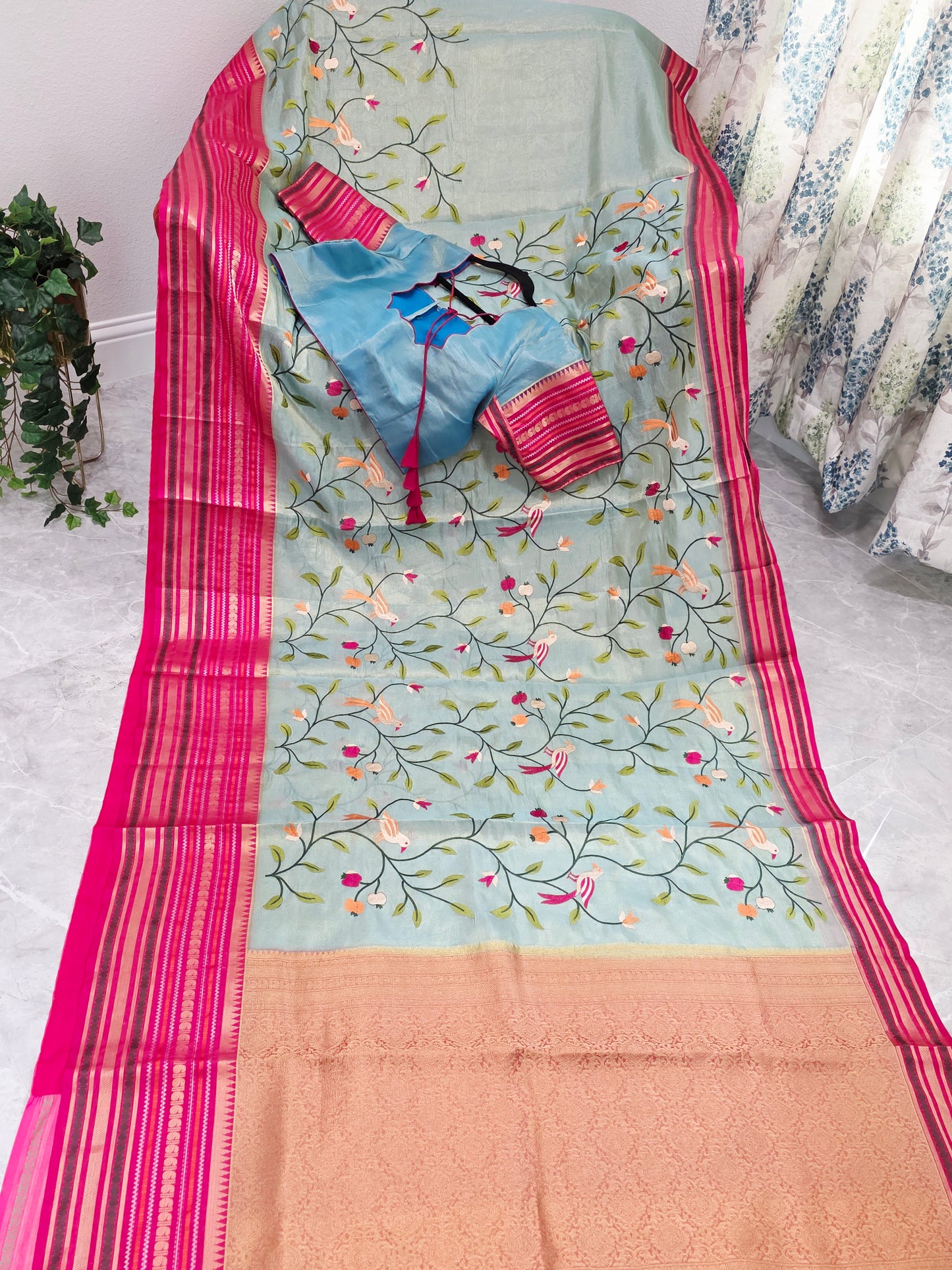 Mint Aqua & Rani Pink Soft Tissue Silk Saree with Bird Embroidery and Stitched Blouse