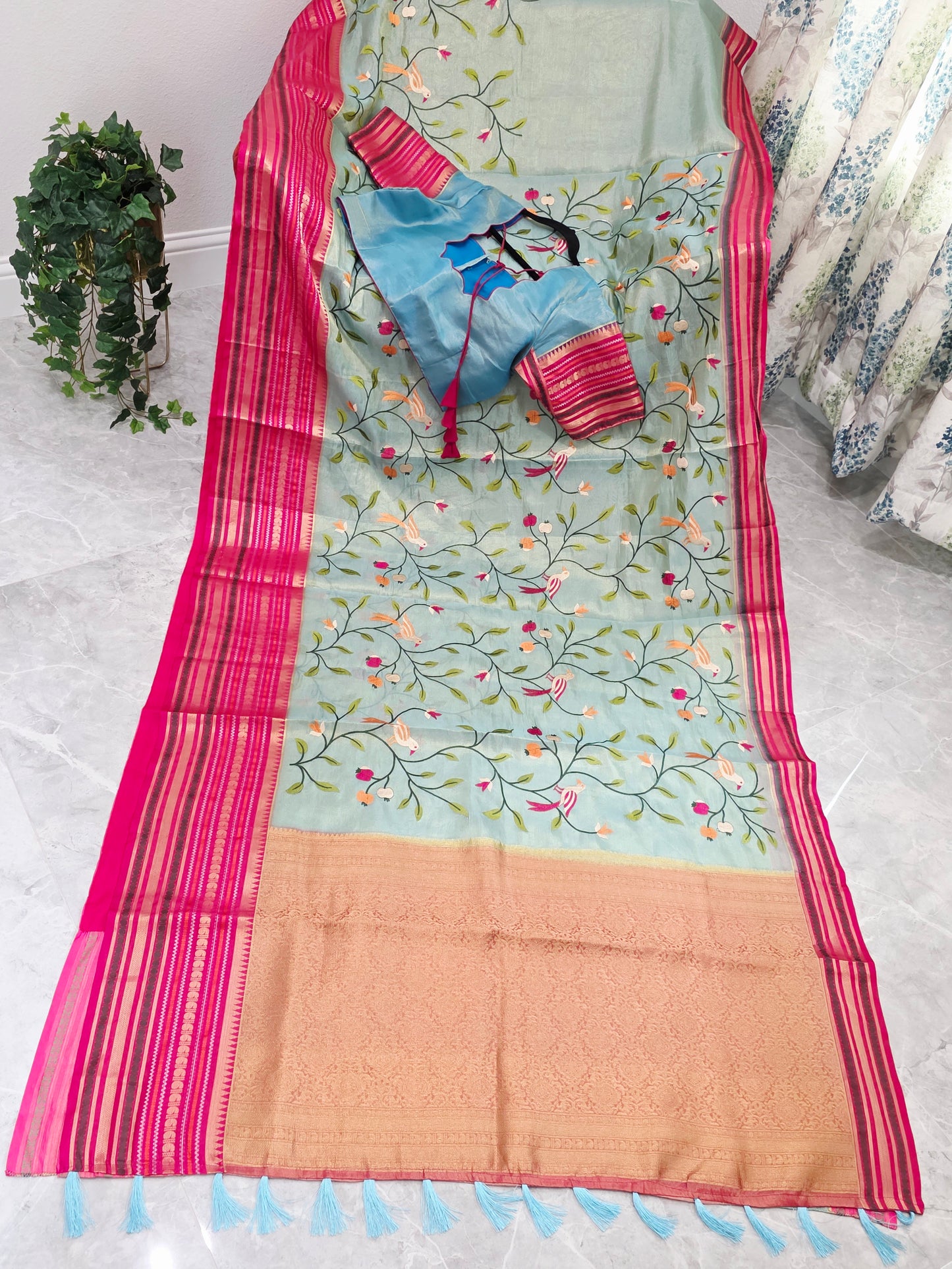 Mint Aqua & Rani Pink Soft Tissue Silk Saree with Bird Embroidery and Stitched Blouse