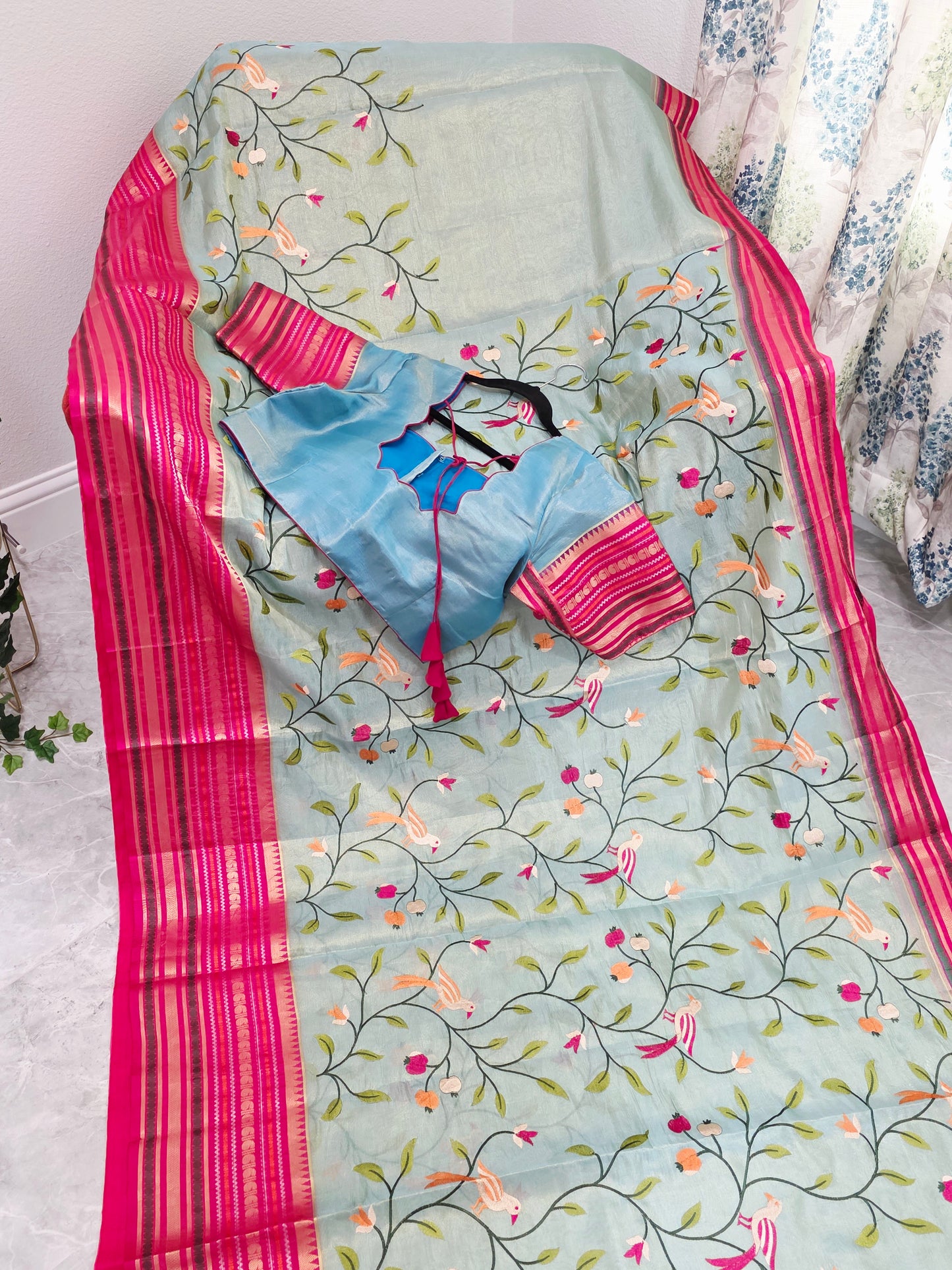 Mint Aqua & Rani Pink Soft Tissue Silk Saree with Bird Embroidery and Stitched Blouse