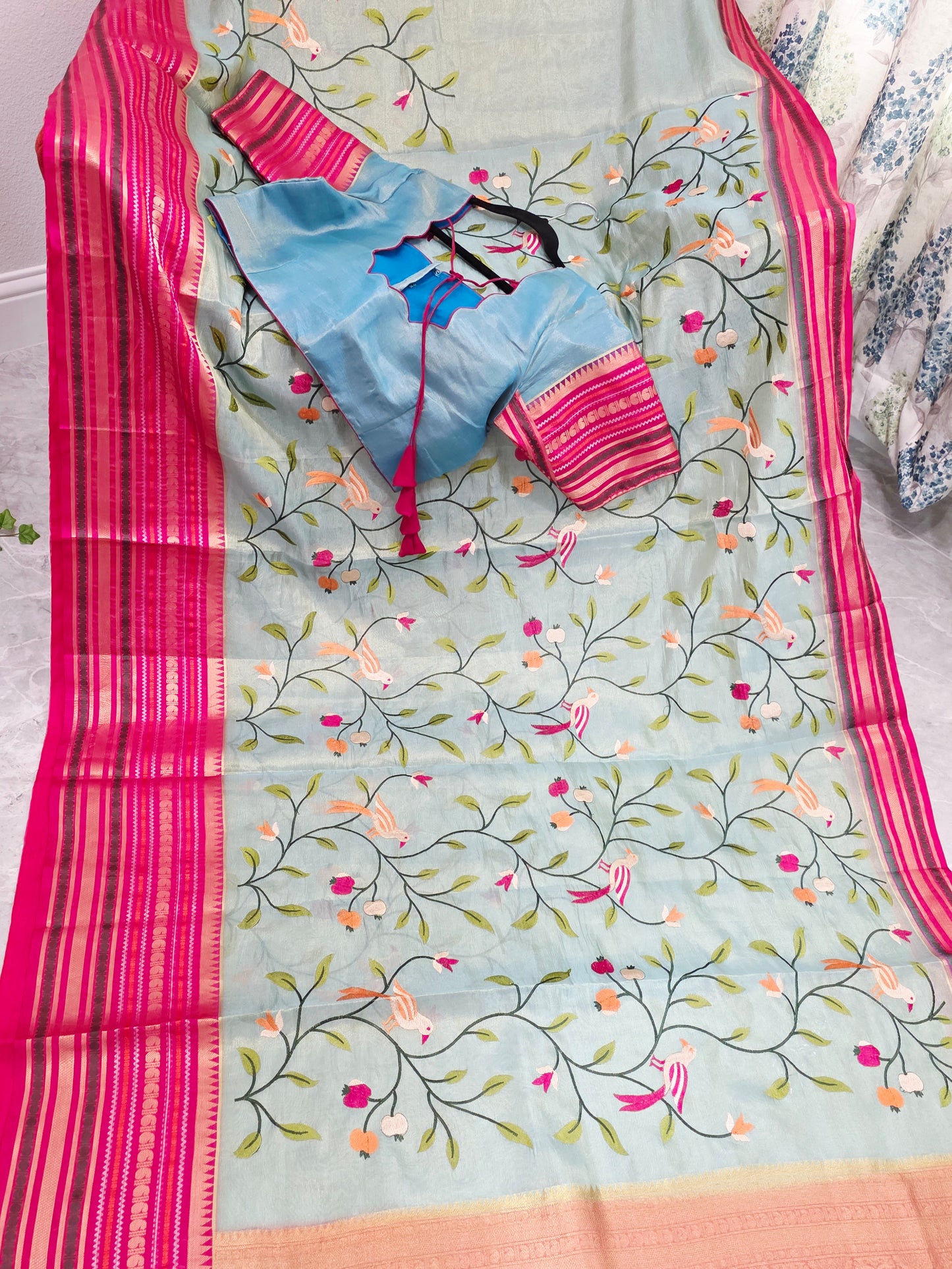 Mint Aqua & Rani Pink Soft Tissue Silk Saree with Bird Embroidery and Stitched Blouse