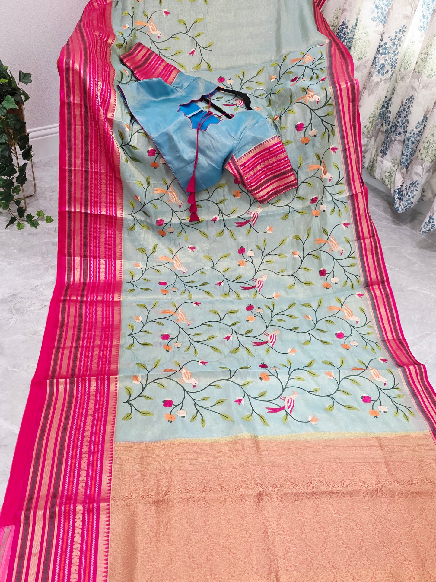 Mint Aqua & Rani Pink Soft Tissue Silk Saree with Bird Embroidery and Stitched Blouse