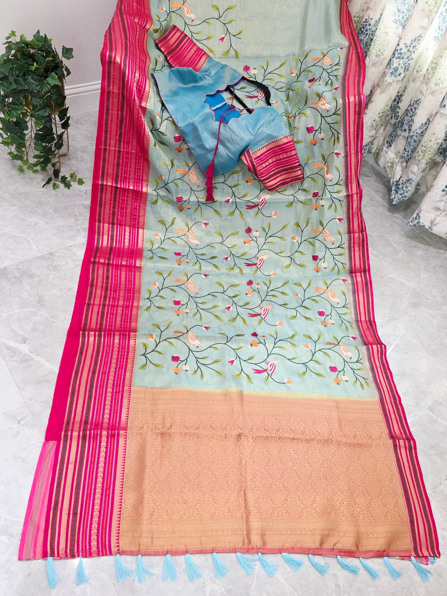 Mint Aqua & Rani Pink Soft Tissue Silk Saree with Bird Embroidery and Stitched Blouse