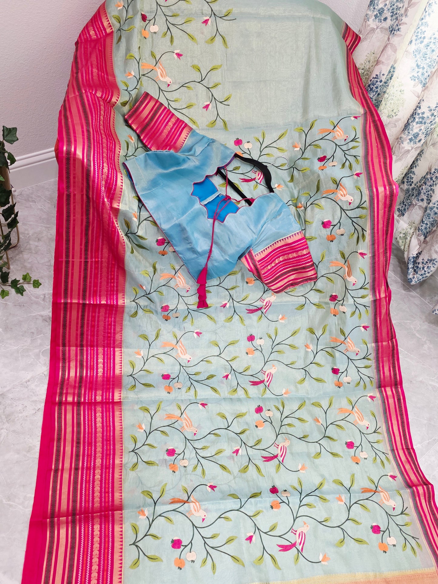 Mint Aqua & Rani Pink Soft Tissue Silk Saree with Bird Embroidery and Stitched Blouse