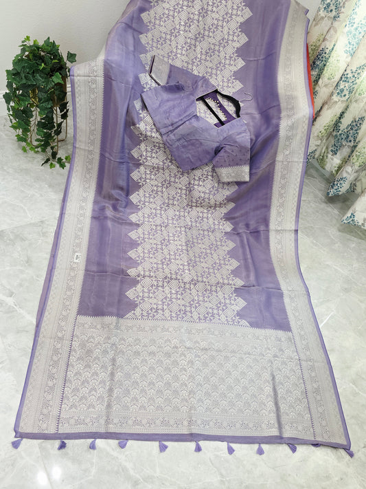Wisteria Lavender Geometry Soft Tissue Saree with Stitched Blouse