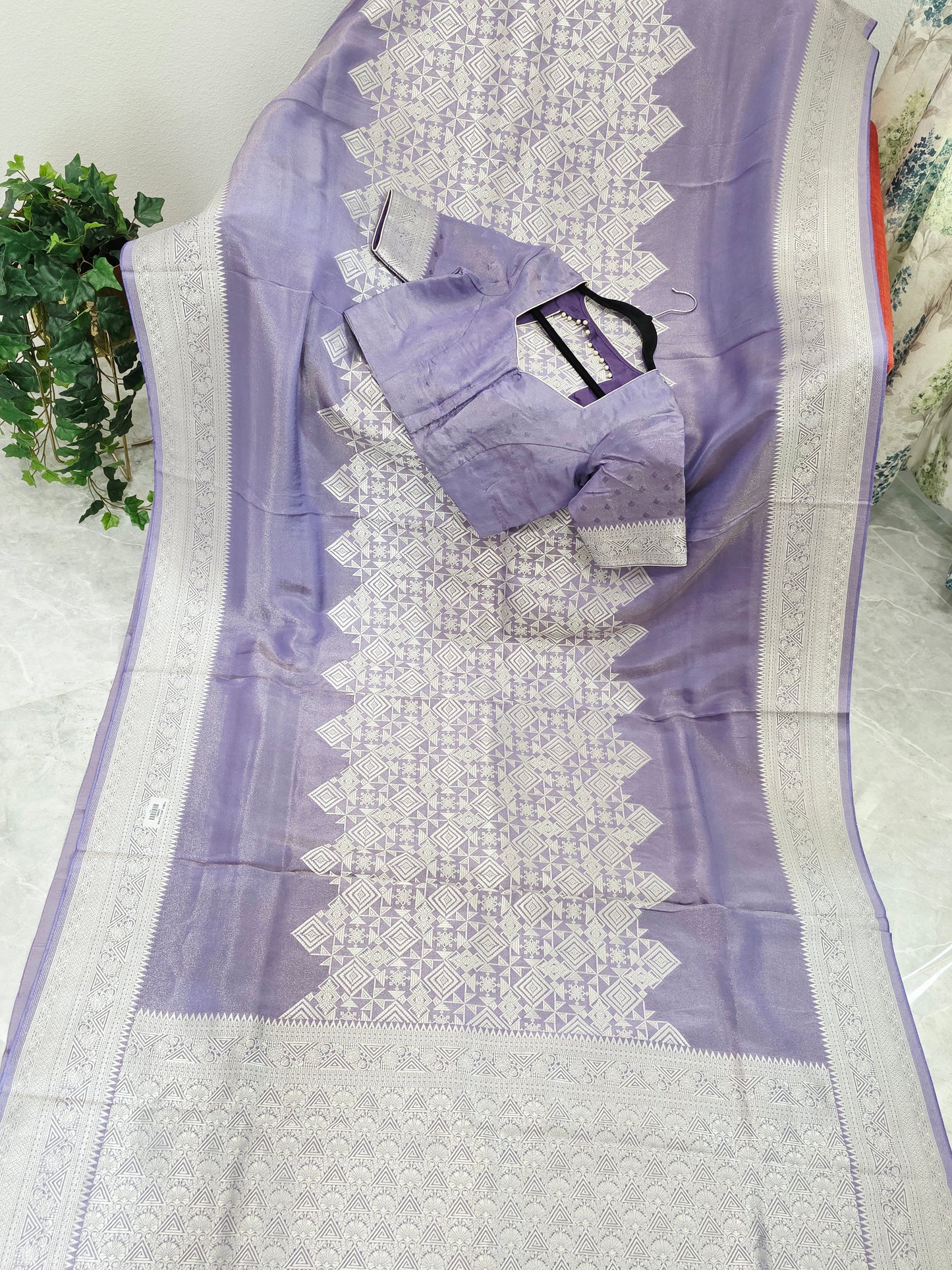 Wisteria Lavender Geometry Soft Tissue Saree with Stitched Blouse
