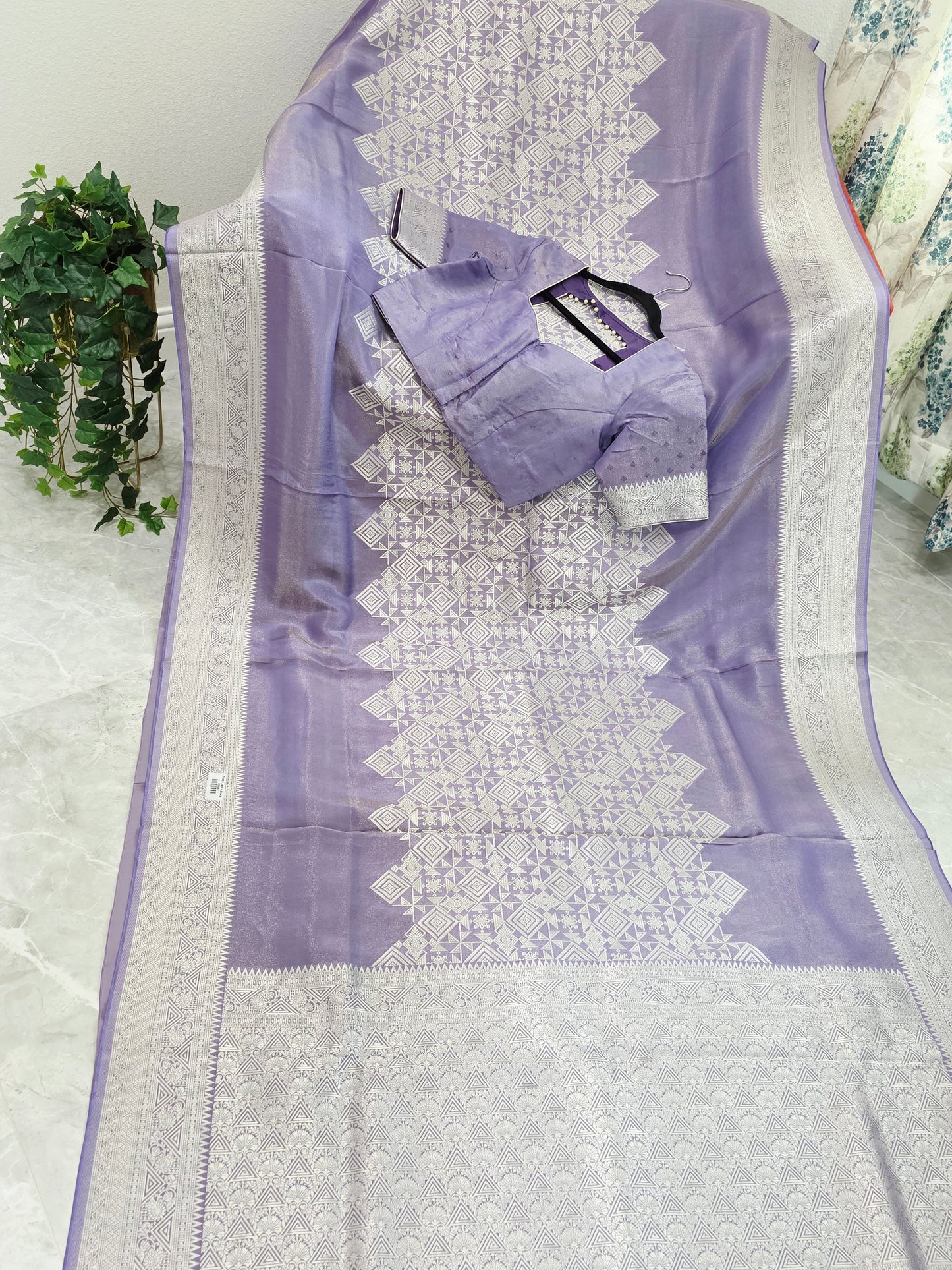 Wisteria Lavender Geometry Soft Tissue Saree with Stitched Blouse