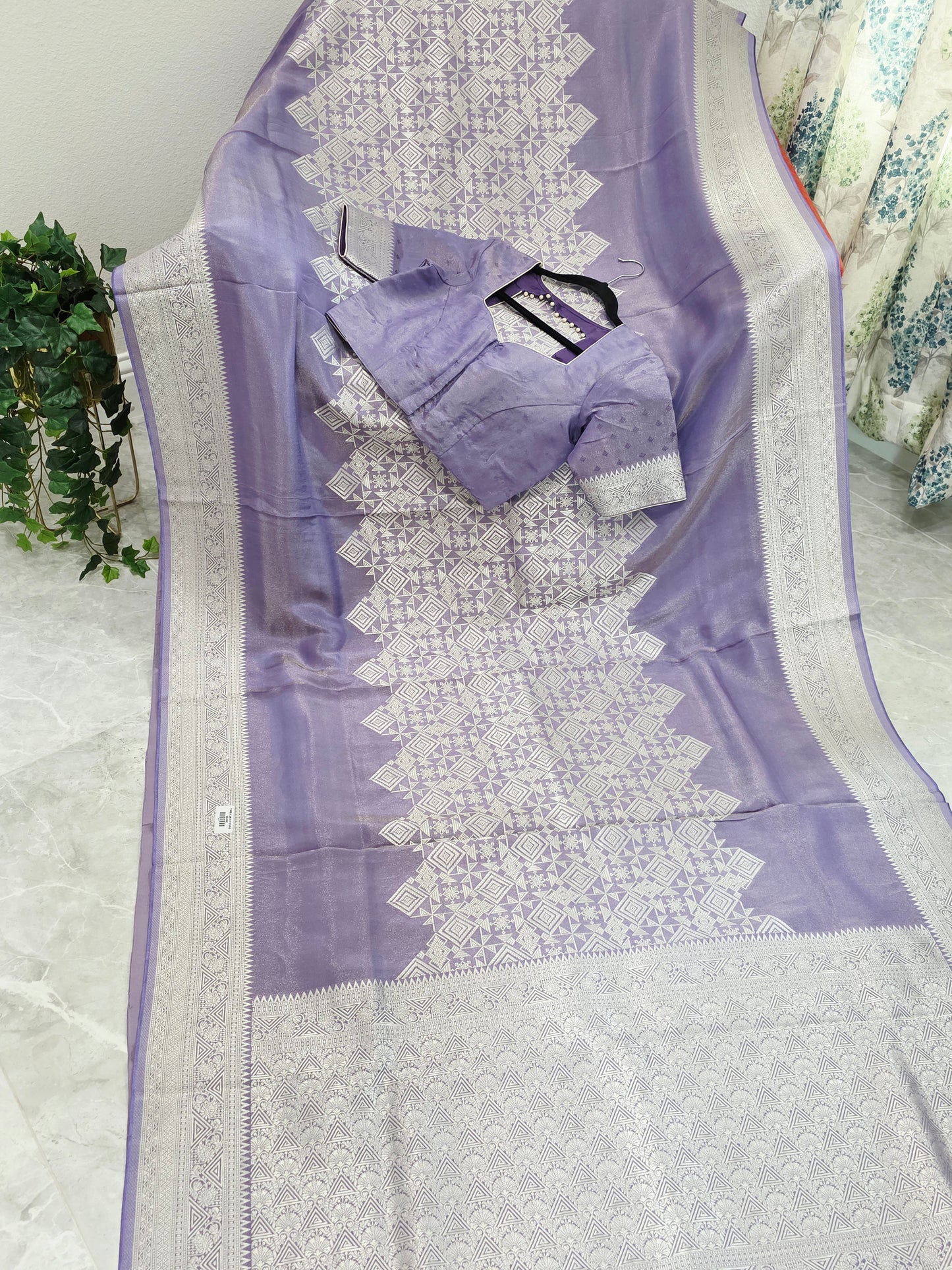 Wisteria Lavender Geometry Soft Tissue Saree with Stitched Blouse