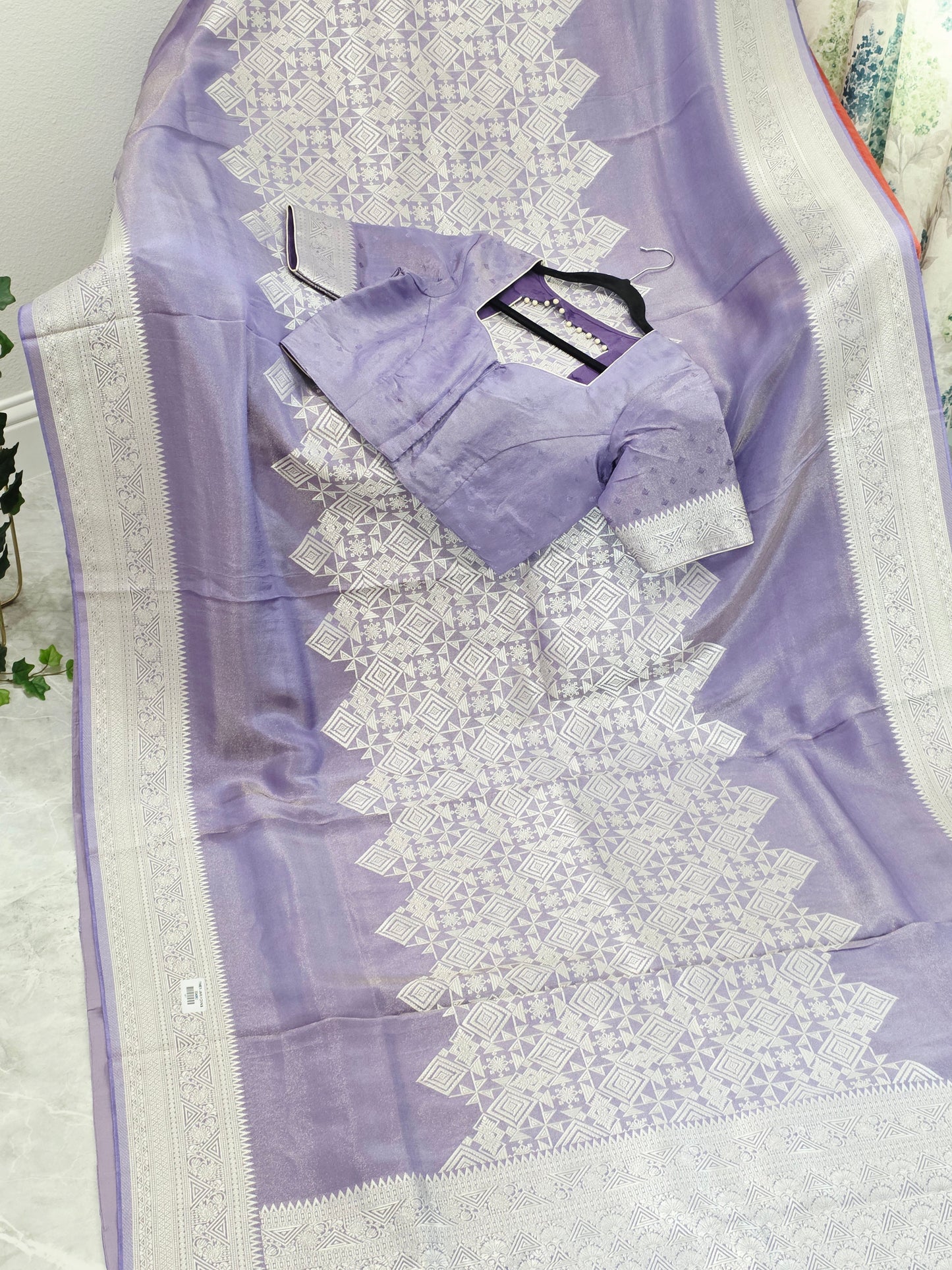Wisteria Lavender Geometry Soft Tissue Saree with Stitched Blouse