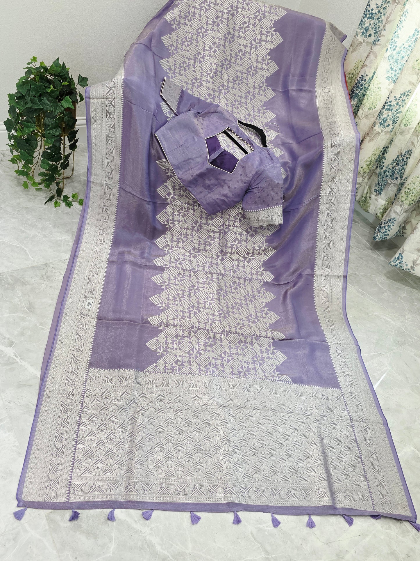 Wisteria Lavender Geometry Soft Tissue Saree with Stitched Blouse