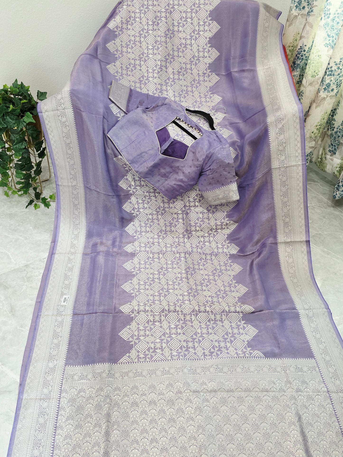 Wisteria Lavender Geometry Soft Tissue Saree with Stitched Blouse