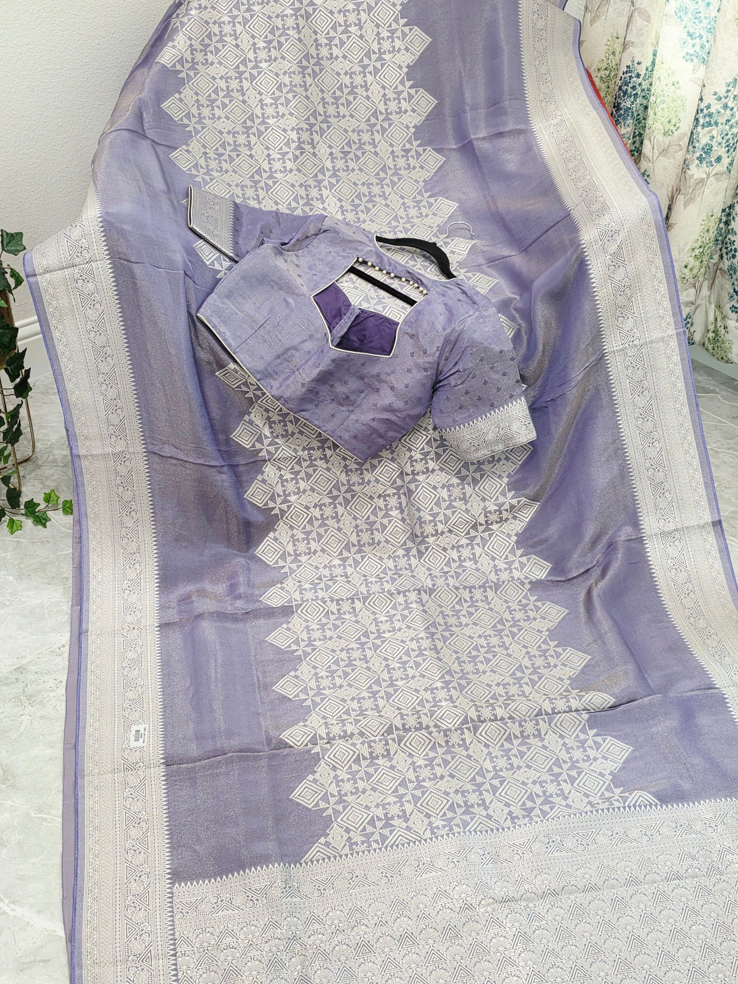 Wisteria Lavender Geometry Soft Tissue Saree with Stitched Blouse