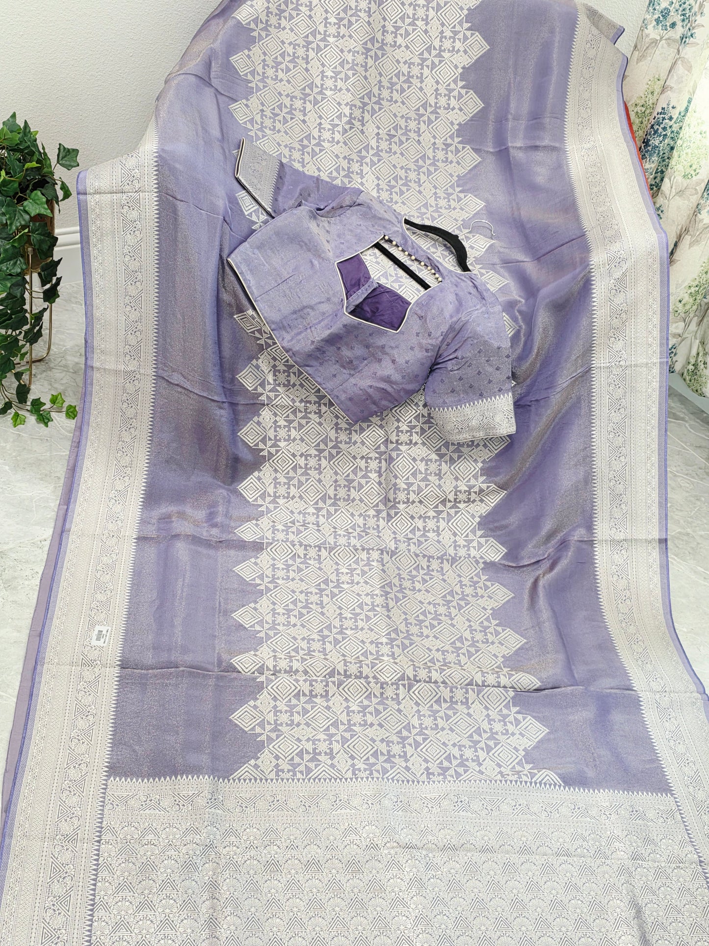 Wisteria Lavender Geometry Soft Tissue Saree with Stitched Blouse