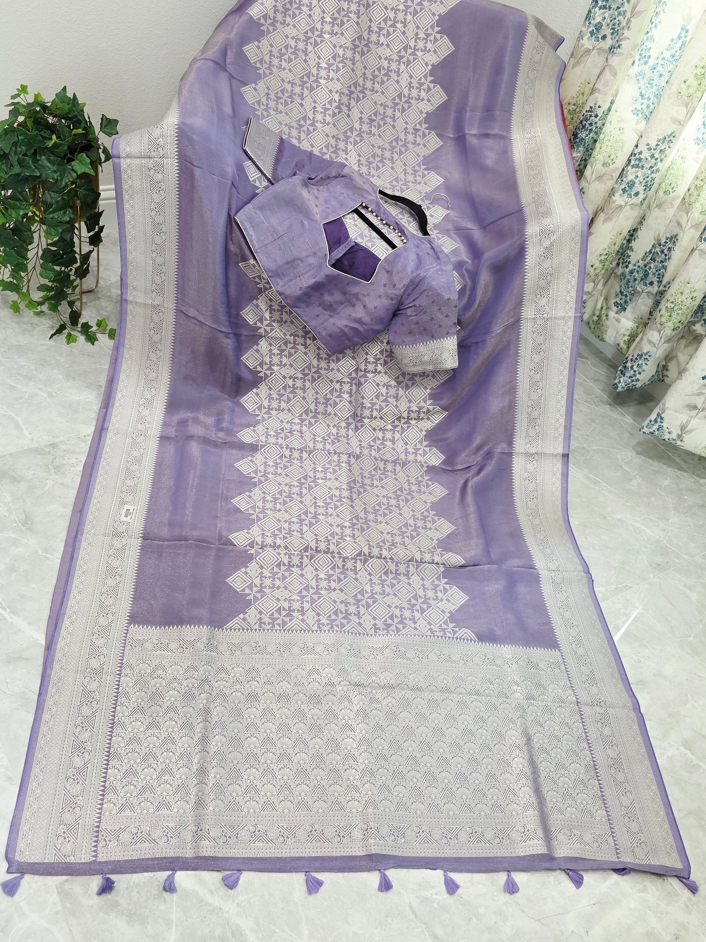 Wisteria Lavender Geometry Soft Tissue Saree with Stitched Blouse