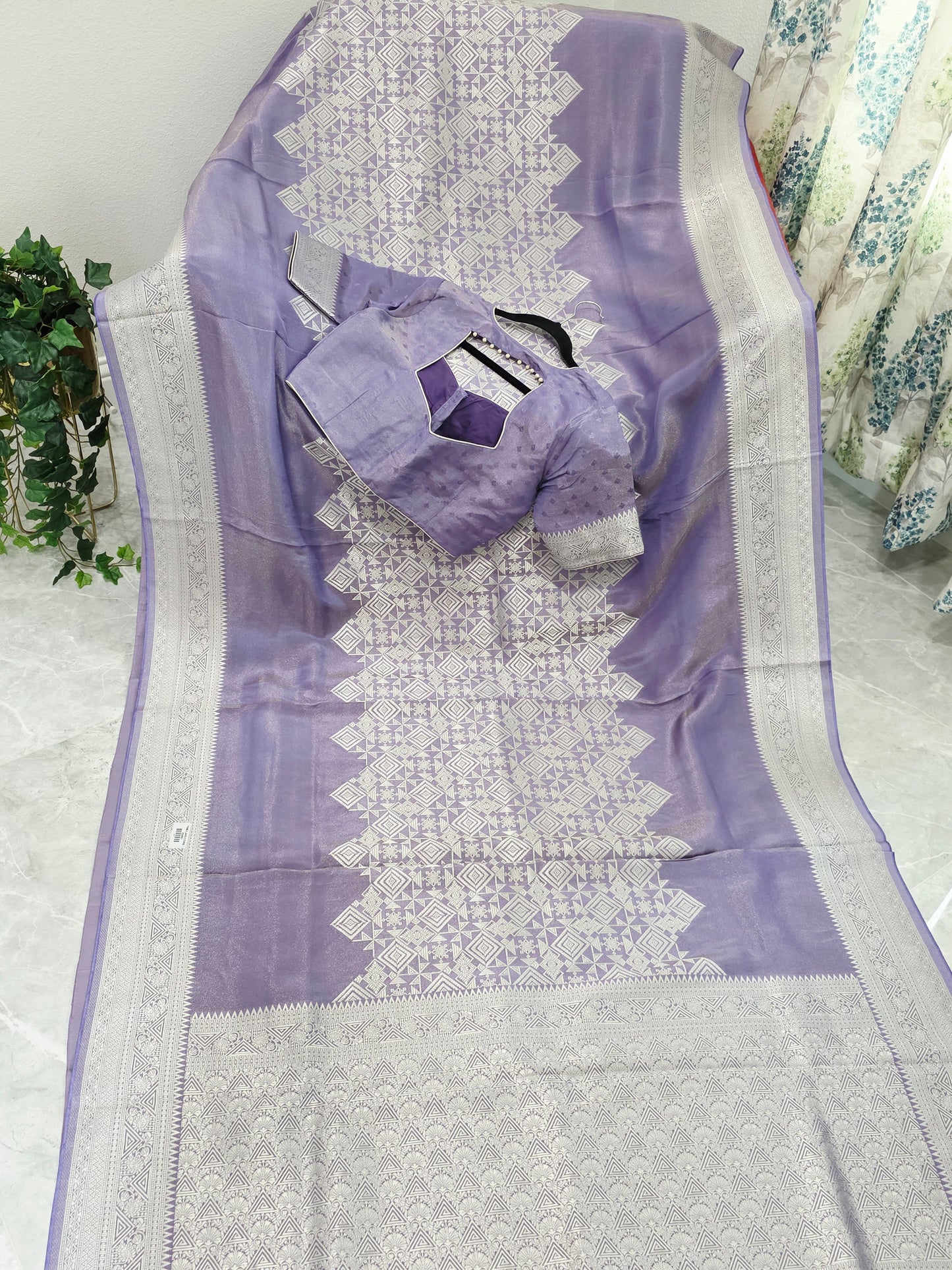 Wisteria Lavender Geometry Soft Tissue Saree with Stitched Blouse