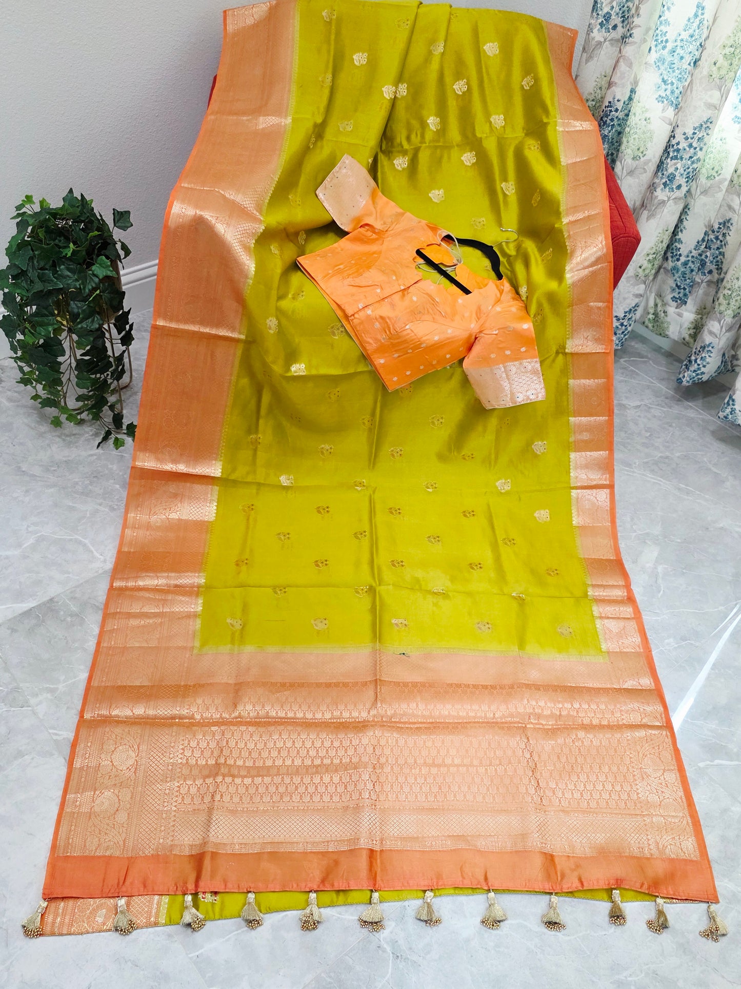 Lime Zest & Apricot Gold Semi Mango Benarasi Silk Saree with Stitched Blouse