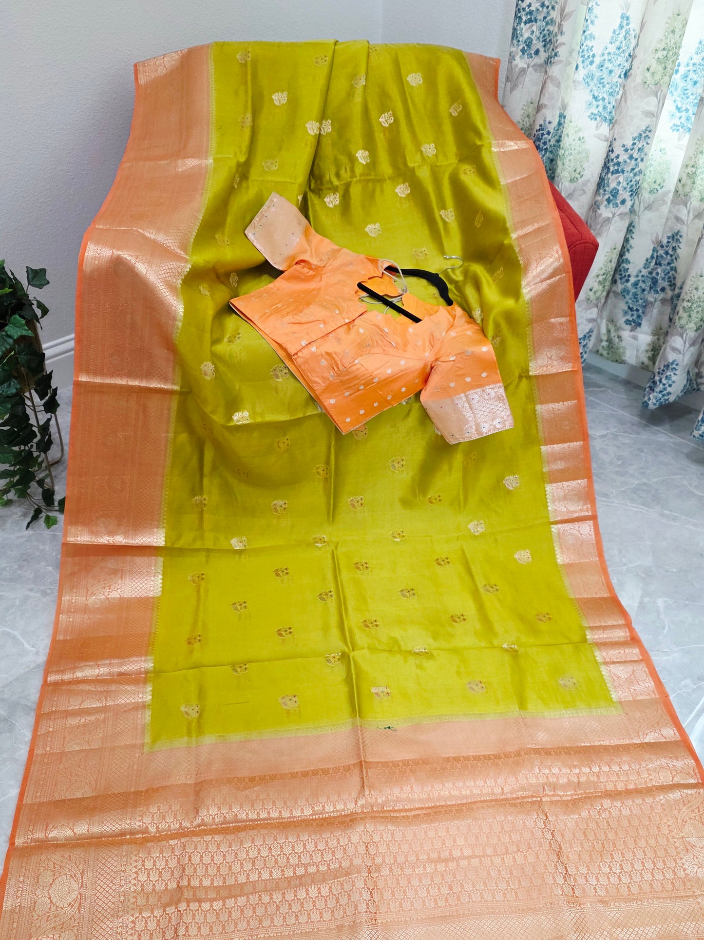 Lime Zest & Apricot Gold Semi Mango Benarasi Silk Saree with Stitched Blouse