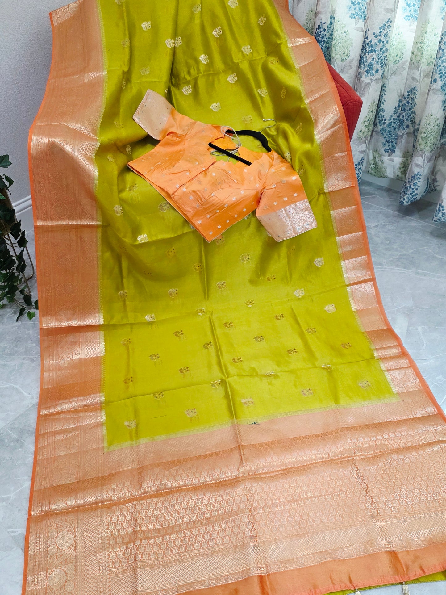 Lime Zest & Apricot Gold Semi Mango Benarasi Silk Saree with Stitched Blouse