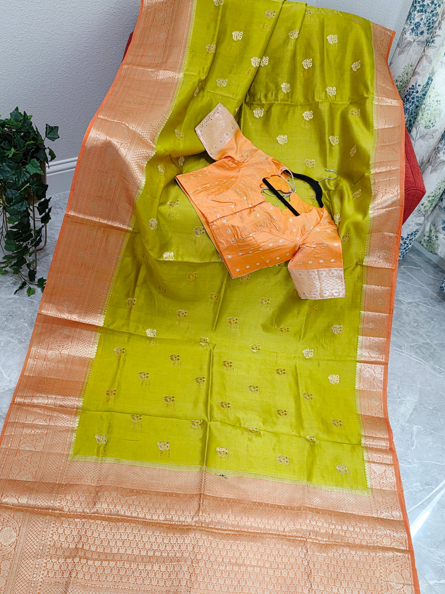 Lime Zest & Apricot Gold Semi Mango Benarasi Silk Saree with Stitched Blouse
