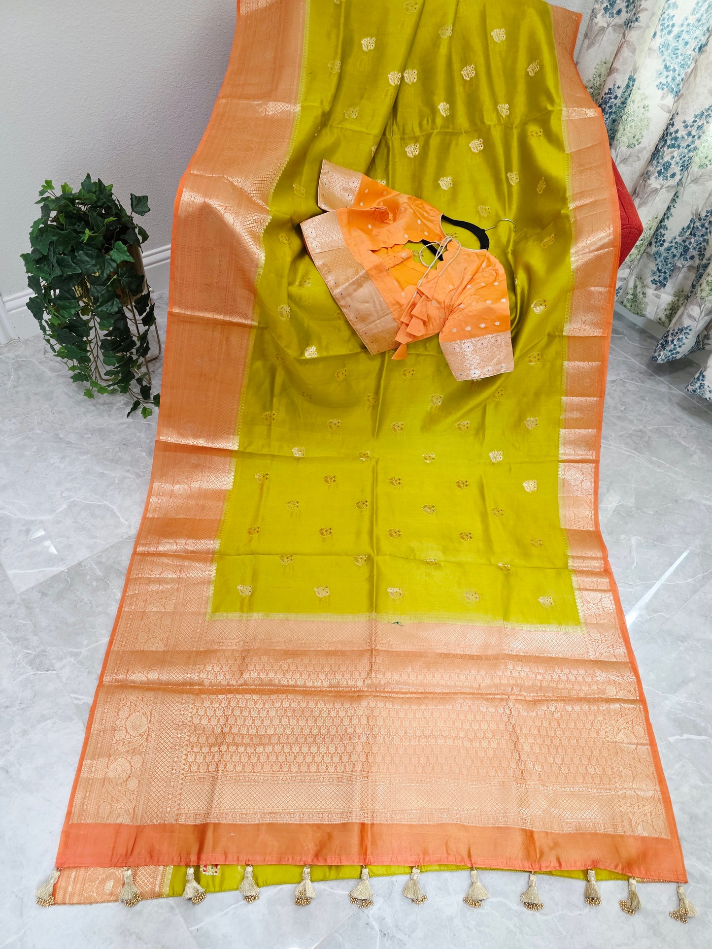 Lime Zest & Apricot Gold Semi Mango Benarasi Silk Saree with Stitched Blouse