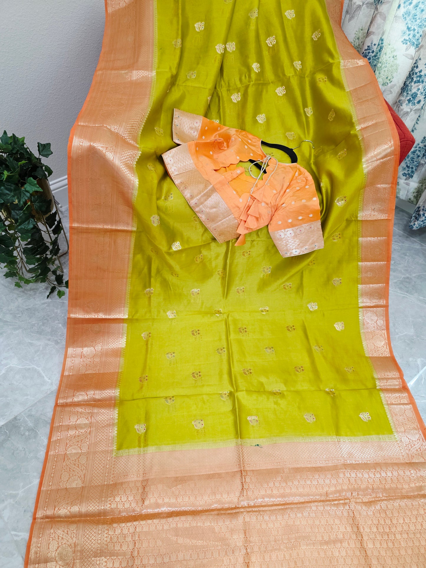 Lime Zest & Apricot Gold Semi Mango Benarasi Silk Saree with Stitched Blouse