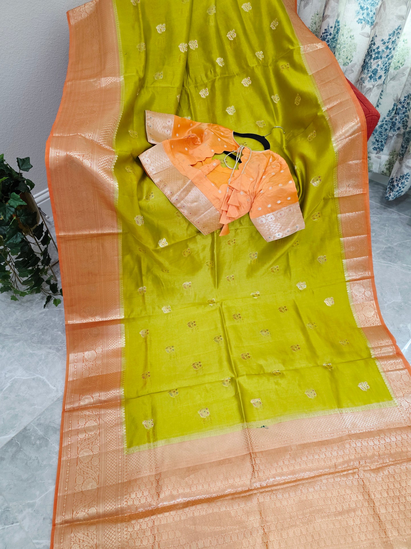 Lime Zest & Apricot Gold Semi Mango Benarasi Silk Saree with Stitched Blouse