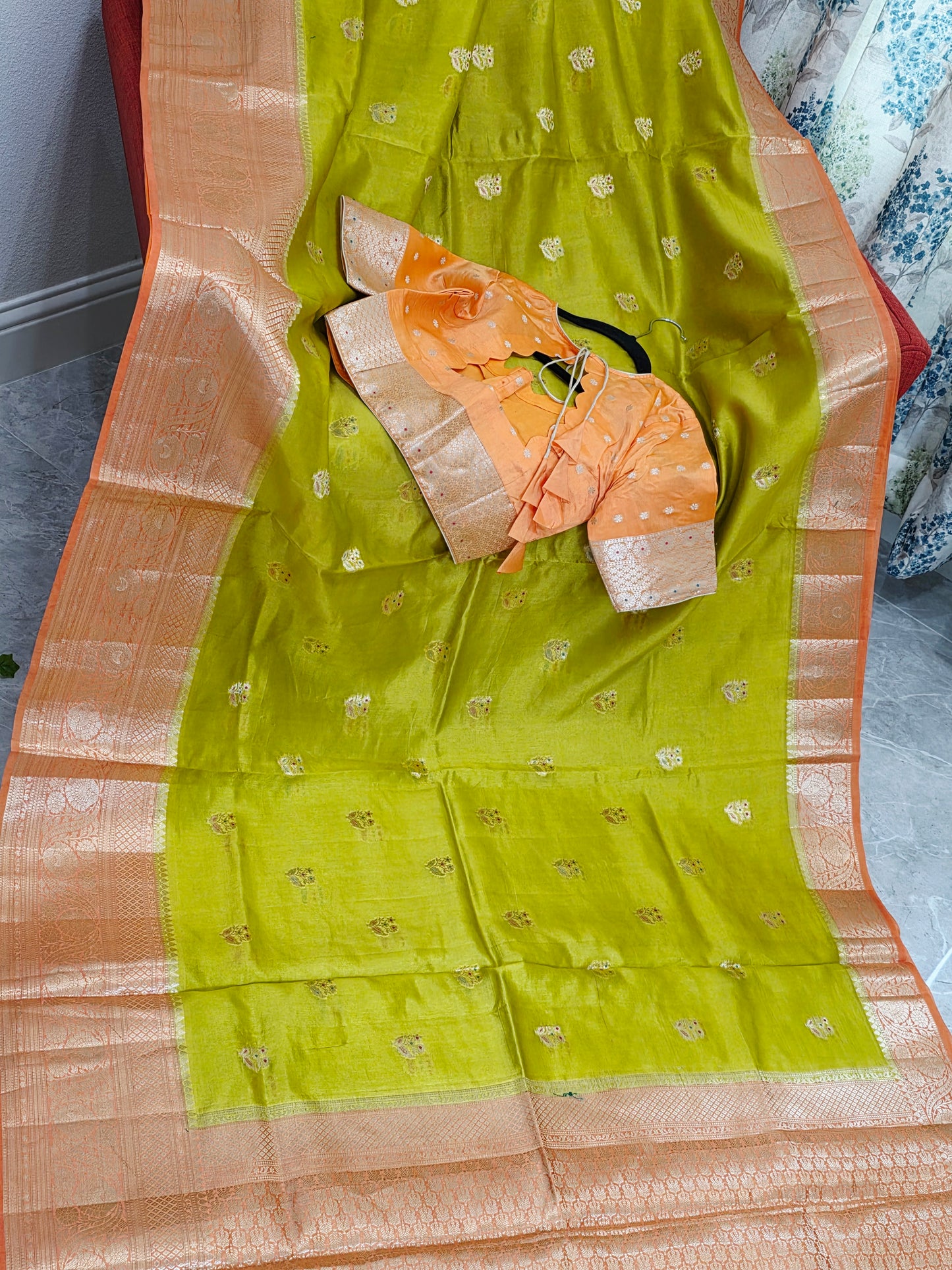 Lime Zest & Apricot Gold Semi Mango Benarasi Silk Saree with Stitched Blouse