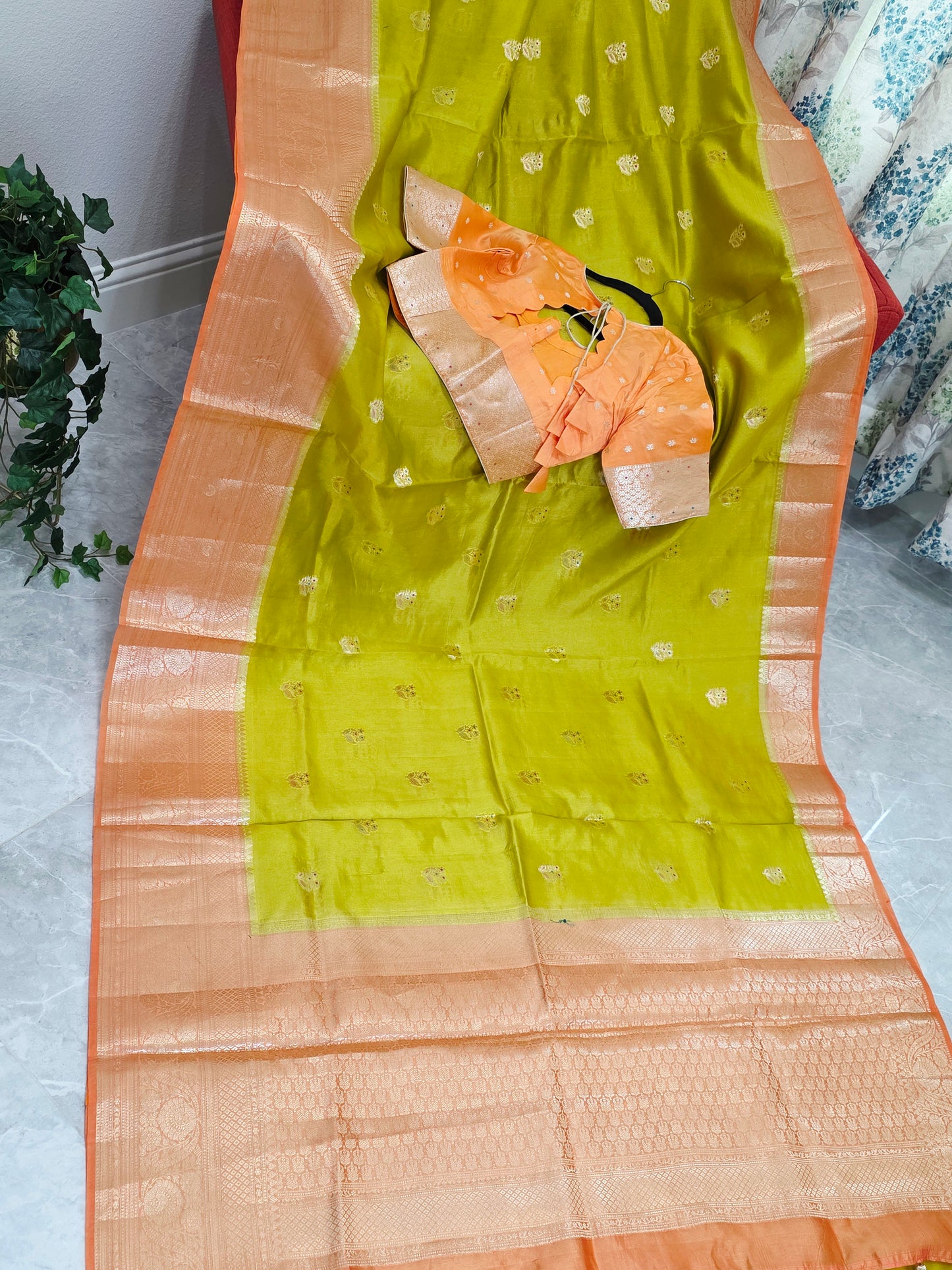 Lime Zest & Apricot Gold Semi Mango Benarasi Silk Saree with Stitched Blouse