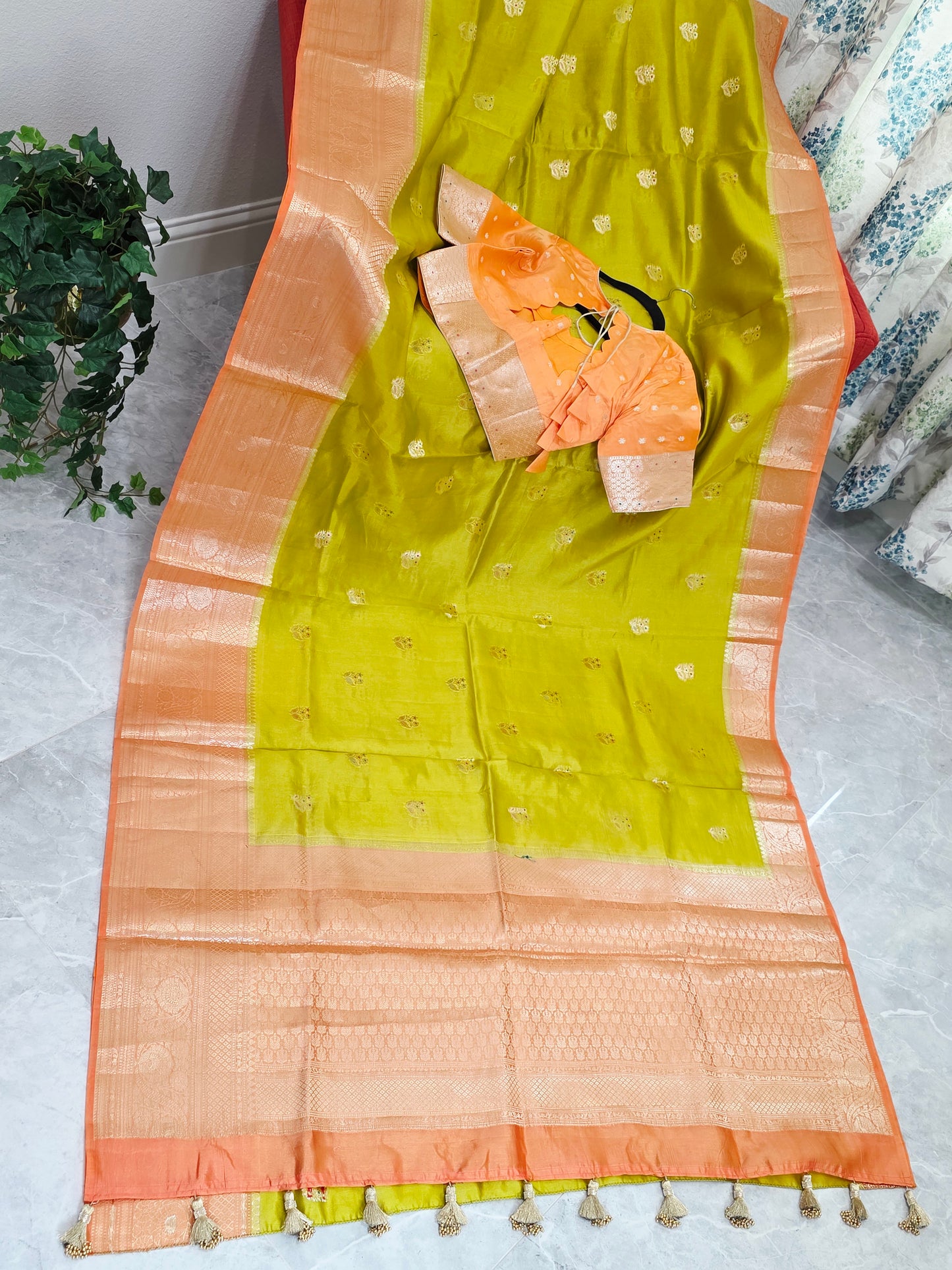 Lime Zest & Apricot Gold Semi Mango Benarasi Silk Saree with Stitched Blouse