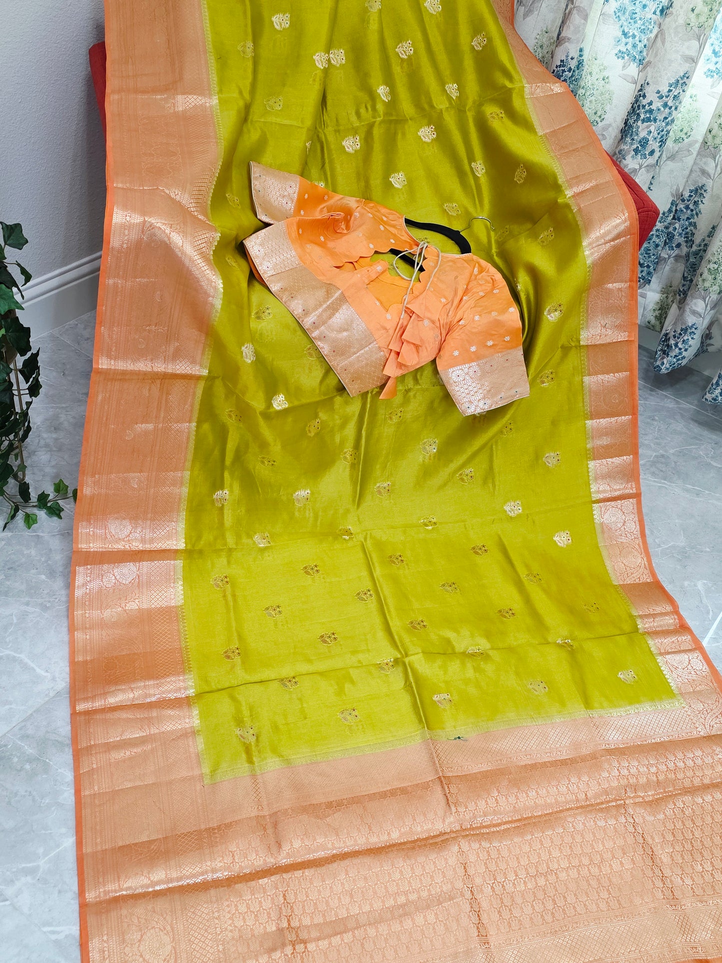 Lime Zest & Apricot Gold Semi Mango Benarasi Silk Saree with Stitched Blouse