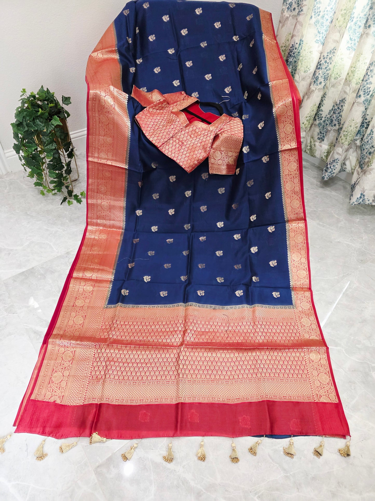Midnight Navy & Rani Rose Semi Mango Benarasi Silk Saree with Stitched Blouse