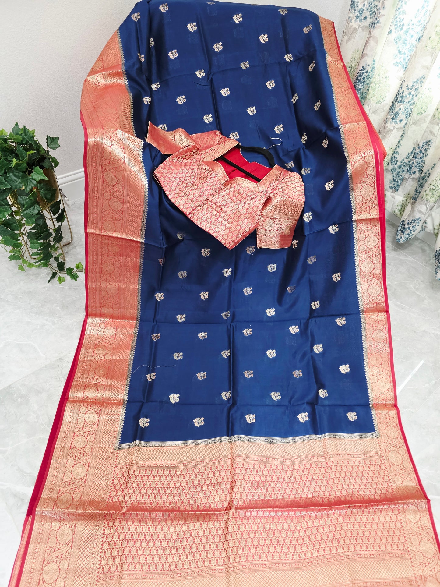 Midnight Navy & Rani Rose Semi Mango Benarasi Silk Saree with Stitched Blouse