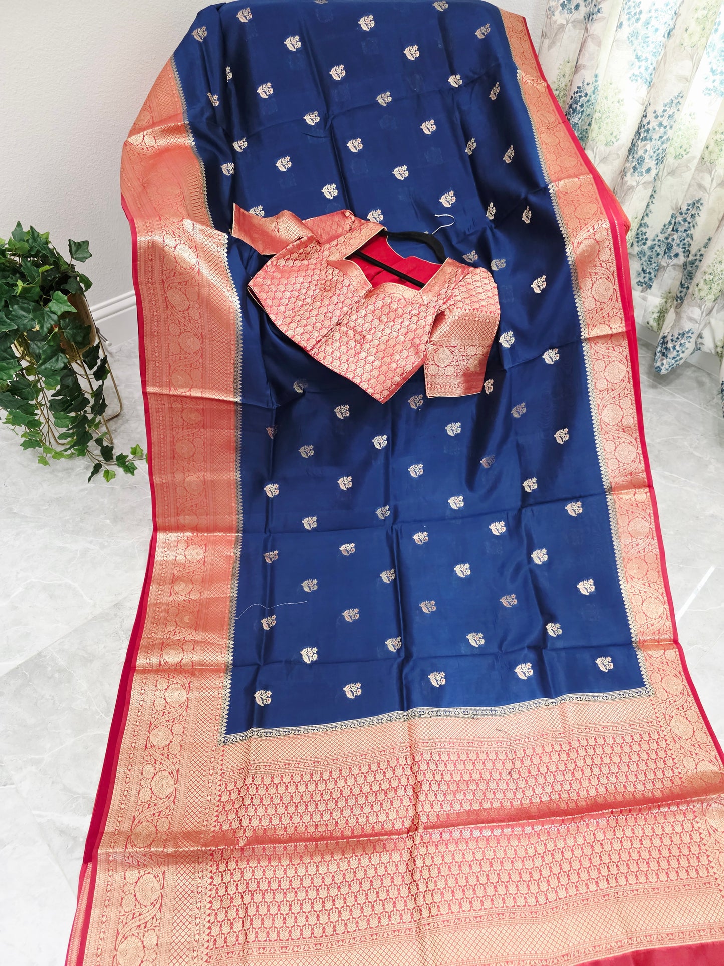 Midnight Navy & Rani Rose Semi Mango Benarasi Silk Saree with Stitched Blouse